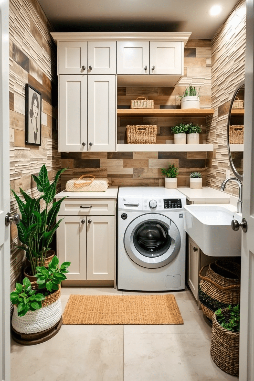 A stylish laundry room in a basement featuring textured wall treatments that add depth and character. The walls are adorned with a combination of reclaimed wood panels and soft, woven fabric, creating a cozy and inviting atmosphere. The space includes a modern washer and dryer set, neatly tucked into a custom cabinetry unit with ample storage. A large utility sink sits adjacent, surrounded by decorative baskets and potted plants for a touch of greenery.