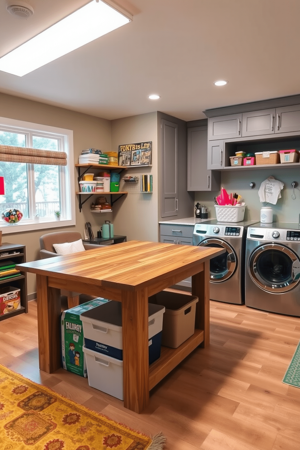 A functional workspace for crafting or hobbies features a large, sturdy worktable made of reclaimed wood, surrounded by organized shelves filled with colorful supplies and tools. Natural light floods the space through a large window, and a cozy nook with a comfortable chair invites creativity. The laundry room in the basement is designed for efficiency, showcasing a sleek washer and dryer set integrated into custom cabinetry with ample storage. Bright, cheerful colors on the walls and decorative accents create an inviting atmosphere, while a folding station and a deep sink enhance functionality.