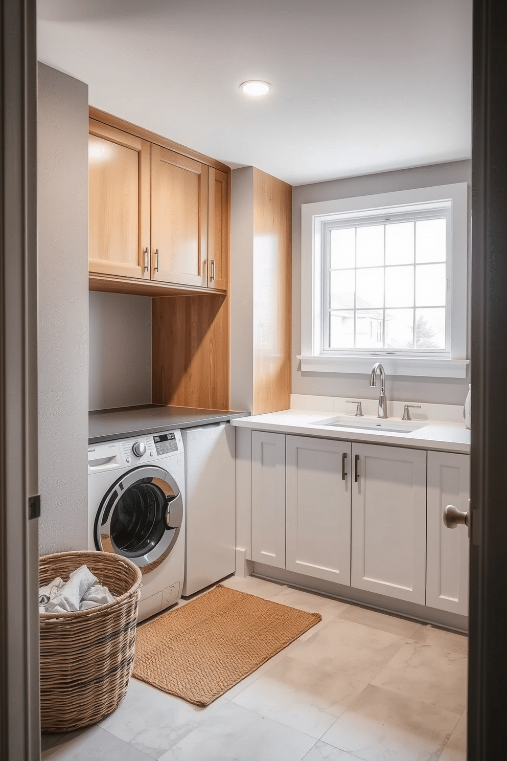 A functional laundry room in a basement, featuring a neutral color palette dominated by soft grays and whites. The space includes a sleek, built-in washer and dryer with natural wood cabinetry above, providing ample storage and a warm contrast to the cool tones. Textured elements such as a woven basket for laundry and a jute rug underfoot add warmth and depth to the design. A large window allows natural light to flood the room, enhancing the inviting atmosphere while showcasing a simple countertop for folding clothes.