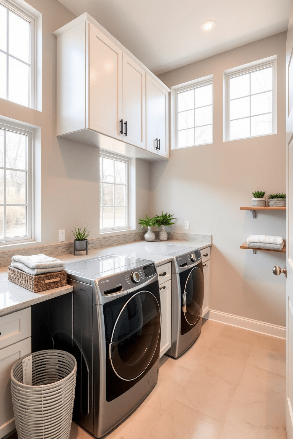 A spacious laundry room in the basement, featuring large windows that allow ample natural light to flood the space. The room includes a sleek, modern washer and dryer set, with a countertop for folding clothes and ample storage cabinets above. The walls are painted in a soft, light gray to enhance the brightness, while the flooring is a durable, easy-to-clean tile. A stylish laundry basket sits in the corner, and decorative shelving displays neatly folded towels and plants for a touch of greenery.