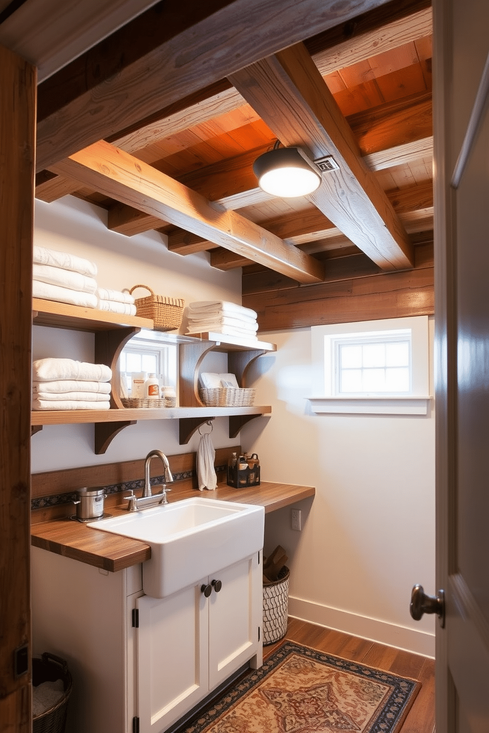 A rustic laundry room in a basement setting features exposed wooden beams overhead, creating a warm and inviting atmosphere. The room includes a farmhouse-style sink, with open shelving made of reclaimed wood displaying neatly folded towels and laundry supplies. The walls are painted in a soft, neutral color to enhance the cozy feel, while a patterned area rug adds a touch of comfort underfoot. Ample natural light filters in through a small window, illuminating the space and highlighting the rustic charm of the wooden accents.