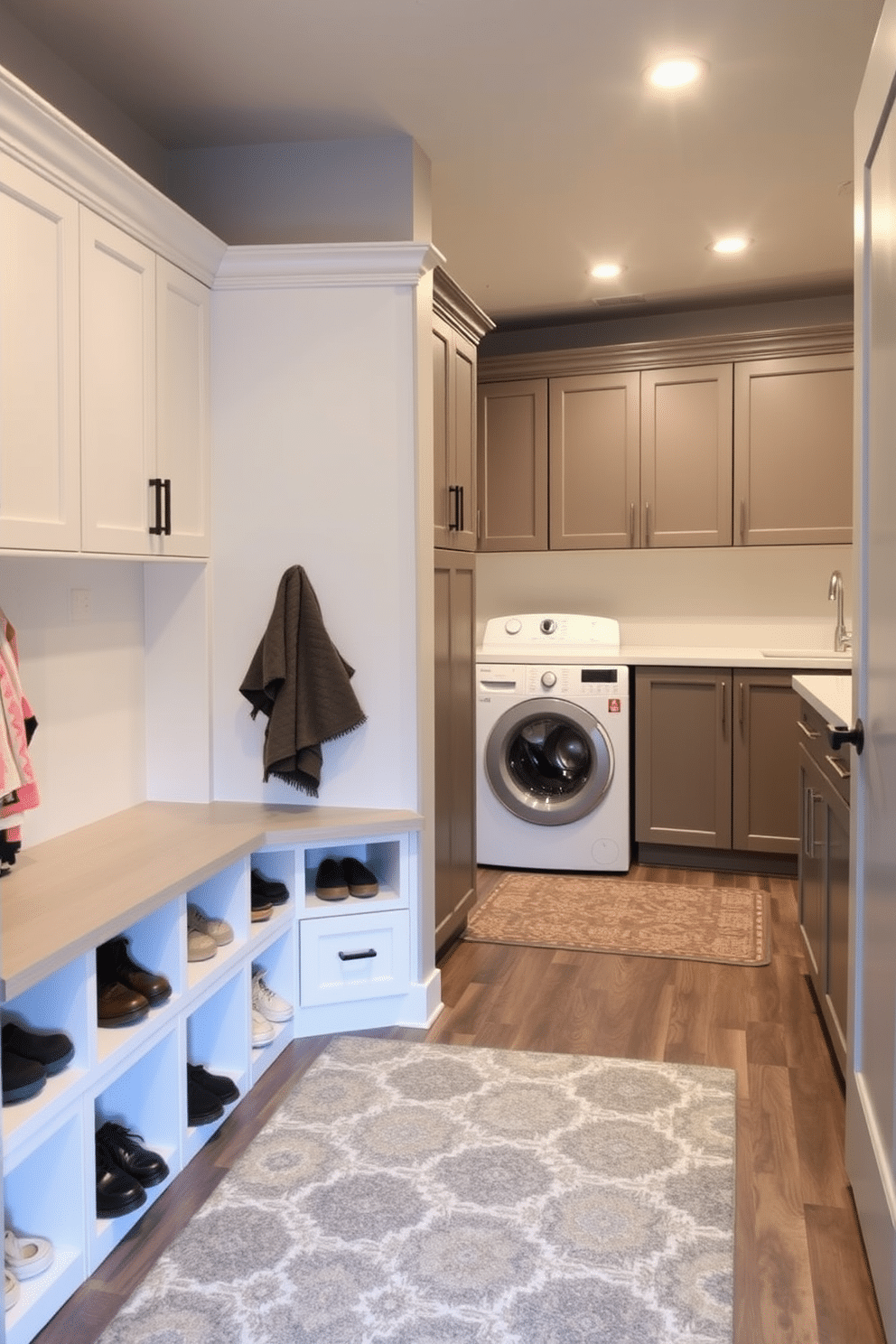 A functional mudroom area for shoes features built-in benches with storage cubbies underneath, allowing for easy organization of footwear. The walls are painted in a soft gray, and a durable, patterned rug adds a touch of color while protecting the floor. The laundry room in the basement is designed with sleek cabinetry for storage, complemented by a countertop for folding clothes. A large laundry sink is positioned beside the washer and dryer, and the space is illuminated by bright, energy-efficient lighting.