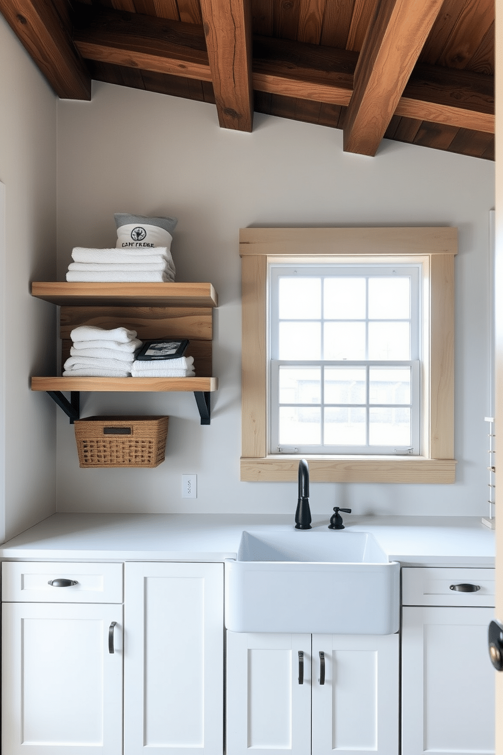 A modern farmhouse laundry room features open shelving made of reclaimed wood, displaying neatly folded towels and decorative storage bins. Below the shelves, a sleek cabinet in a soft white finish offers ample storage for laundry essentials, complemented by vintage-style hardware. The room is illuminated by natural light streaming in through a large window, highlighting the rustic charm of the exposed wooden beams overhead. A farmhouse sink with a matte black faucet sits beneath the window, creating a functional yet stylish focal point in the space.