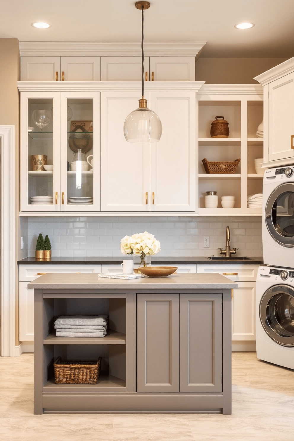 A multi-functional island with storage features a sleek design, incorporating open shelving for easy access to kitchen essentials. The island is topped with a durable countertop, providing ample space for meal prep and casual dining. For the laundry room cabinet design, envision a combination of closed cabinetry and open shelving, allowing for both organized storage and decorative display. The cabinetry is finished in a soft white hue, complemented by brass hardware that adds a touch of elegance.