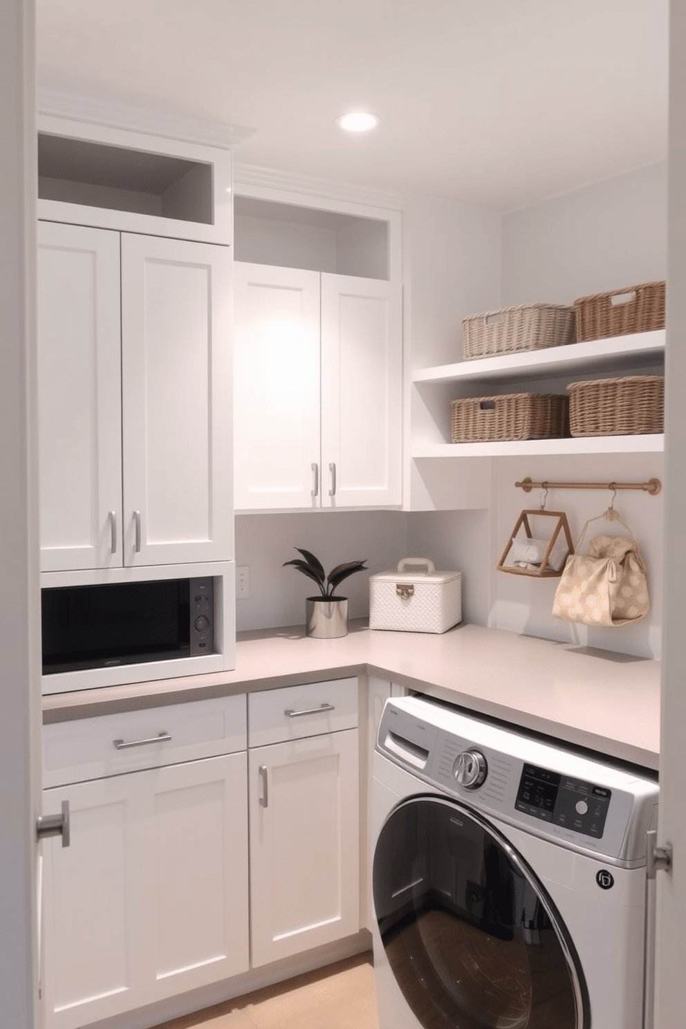 A stylish corner laundry room cabinet design features sleek cabinetry that maximizes storage while maintaining a clean aesthetic. The cabinets are painted in a crisp white finish, with brushed nickel hardware, and are complemented by a light gray countertop that provides ample workspace. Incorporating open shelving above the cabinets allows for decorative storage and easy access to frequently used items. The corner space is enhanced with a small potted plant and stylish baskets, adding warmth and organization to the overall design.