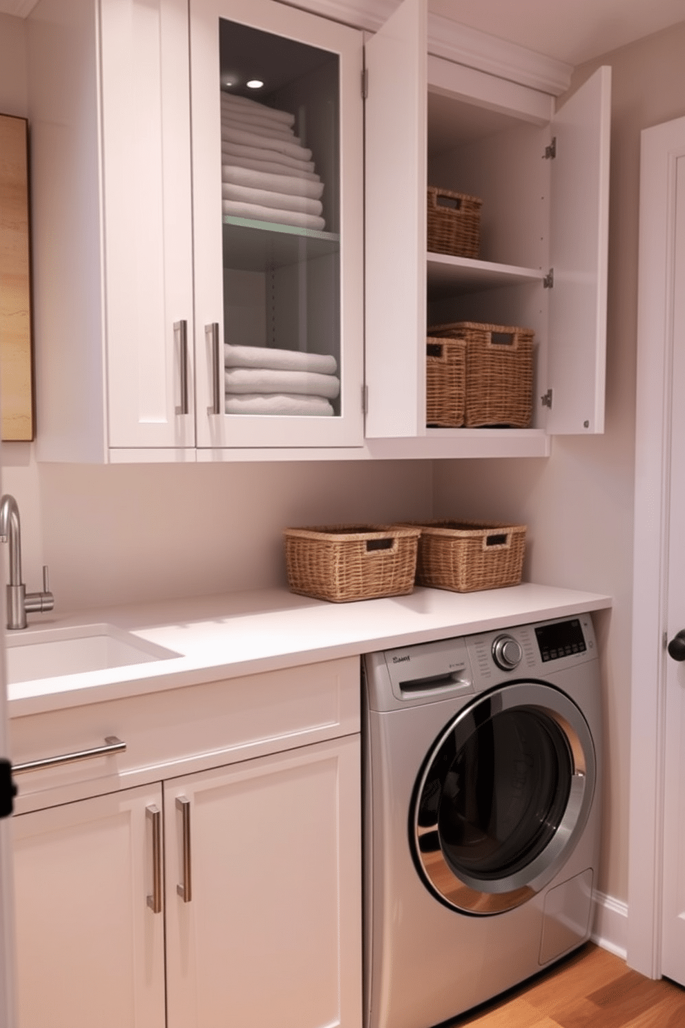 A modern laundry room featuring stacked cabinets designed for compact spaces. The cabinets are sleek and white, maximizing vertical storage while maintaining a clean aesthetic. Incorporate a countertop above the washer and dryer for folding clothes, with decorative baskets tucked neatly on the shelves. Soft, ambient lighting illuminates the space, enhancing the functionality and inviting atmosphere.