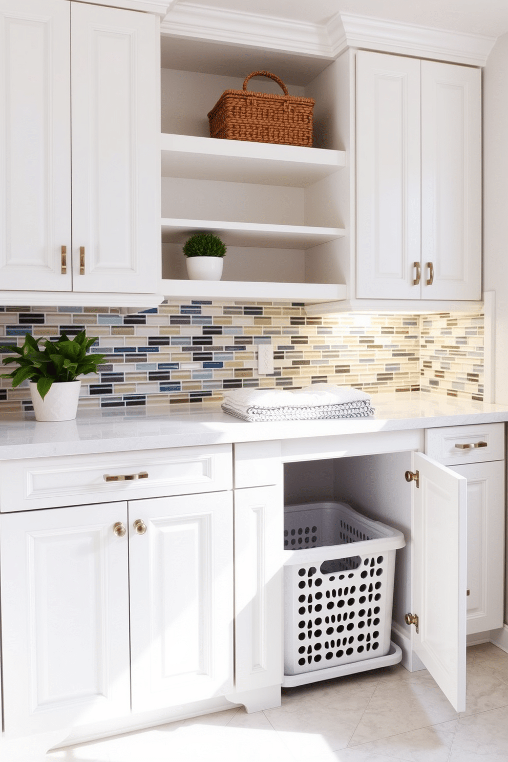 A stylish laundry room features cabinetry that seamlessly integrates laundry hampers, providing a clean and organized look. The cabinetry is finished in a soft white with brushed nickel hardware, and the hampers are concealed behind elegant doors for easy access. The room is accented with a cheerful backsplash of colorful tiles, adding a pop of personality. A spacious countertop above the cabinetry offers ample space for folding clothes, while a small potted plant adds a touch of greenery to the space.