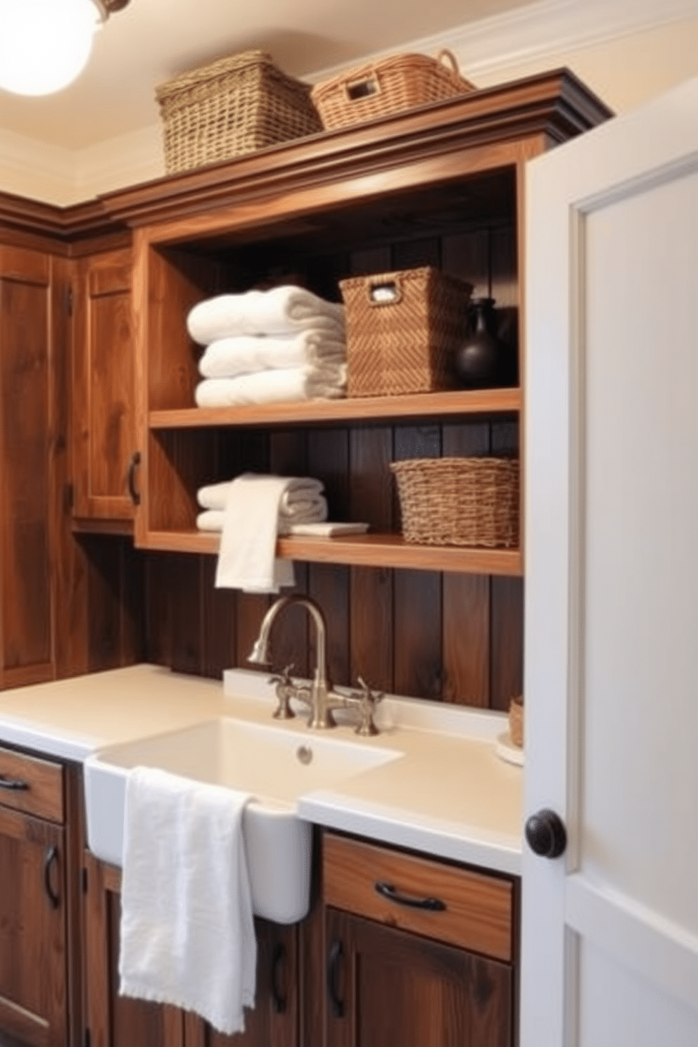 A cozy laundry room features rustic wood cabinets that exude warmth and charm. The cabinets are complemented by a farmhouse sink, with a vintage-style faucet and open shelving above displaying neatly folded towels and decorative baskets.