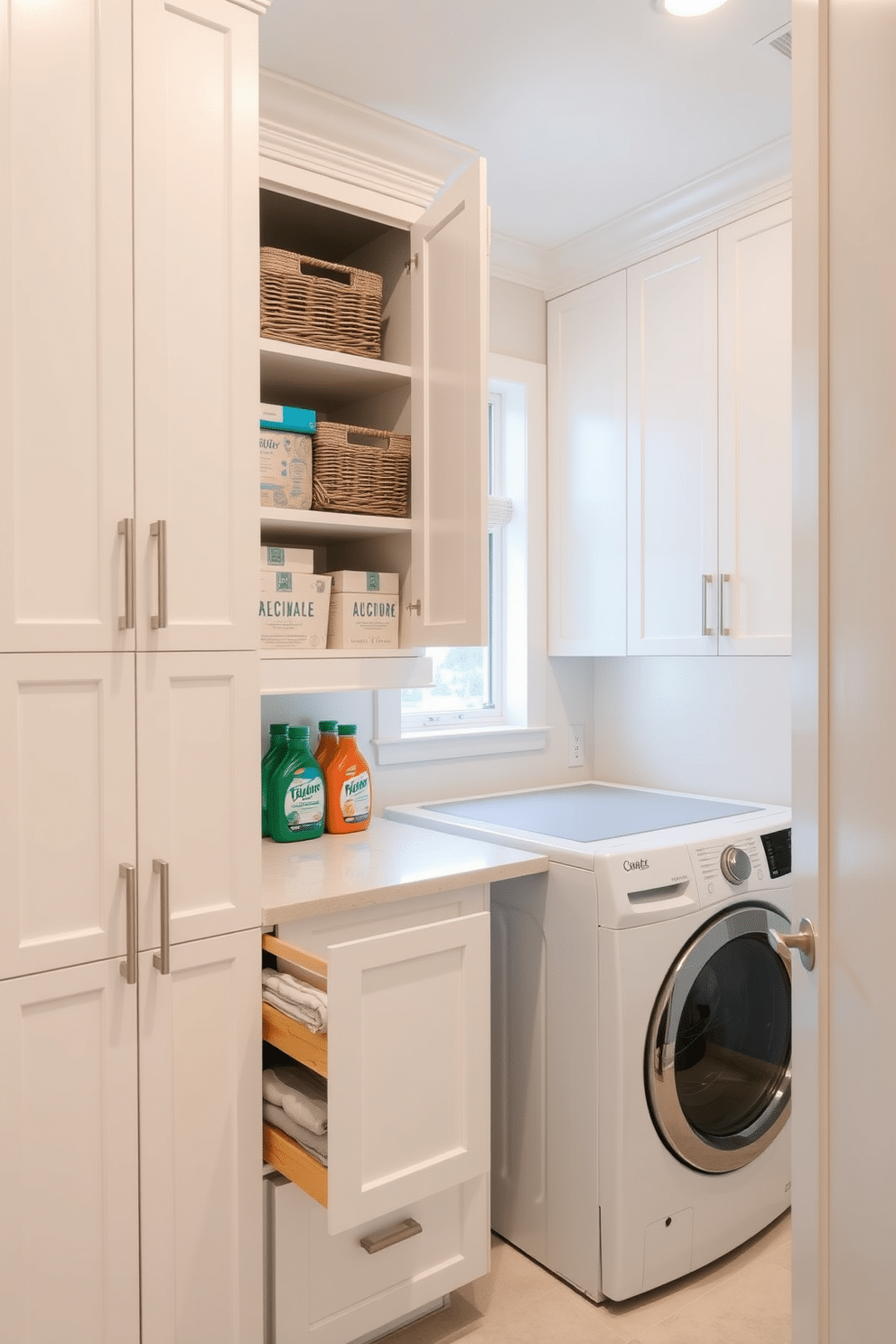 A functional laundry room features sleek cabinets with pull-out shelves for easy access to laundry supplies. The cabinetry is finished in a soft white hue, complemented by brushed nickel hardware for a modern touch. The space includes a dedicated area for sorting and folding clothes, with a countertop above the washer and dryer. Natural light streams in through a small window, illuminating the organized shelves filled with baskets and neatly arranged detergents.