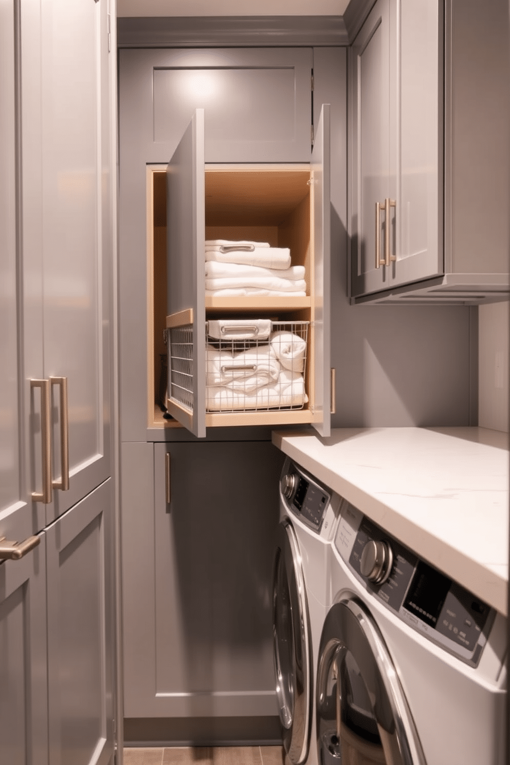 A modern laundry room features sleek cabinetry with vertical pull-out baskets designed for easy access to linens. The cabinets are painted in a soft gray, accented by brushed nickel hardware, while the countertop is a durable white quartz that complements the overall aesthetic.