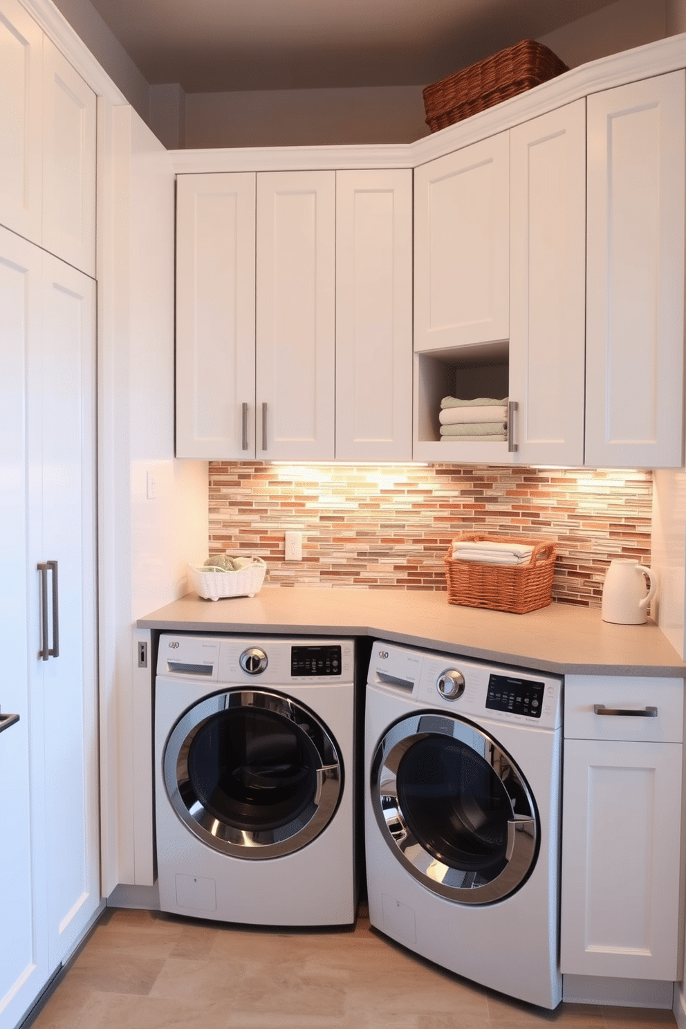 A modern laundry room featuring sleek wall-mounted cabinets in a crisp white finish, designed to maximize floor space while providing ample storage. The cabinets are complemented by a stylish countertop in a light gray quartz, with decorative baskets neatly arranged on top for organization. The room is illuminated by soft, warm lighting that highlights the clean lines of the cabinetry. A pop of color is added with a vibrant backsplash, creating an inviting and functional laundry space.