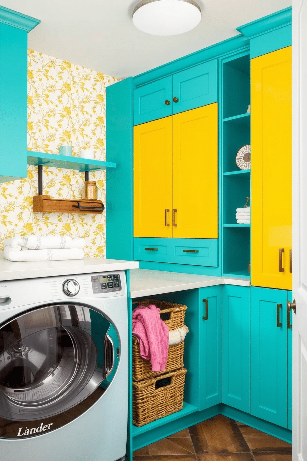 A vibrant laundry room featuring colorful cabinetry in shades of turquoise and sunny yellow. The cabinets are sleek and modern, with playful hardware that adds a fun touch to the space. The walls are adorned with cheerful wallpaper that complements the cabinetry, creating an inviting atmosphere. A spacious countertop for folding clothes sits above the cabinets, while baskets for sorting laundry are neatly tucked below.