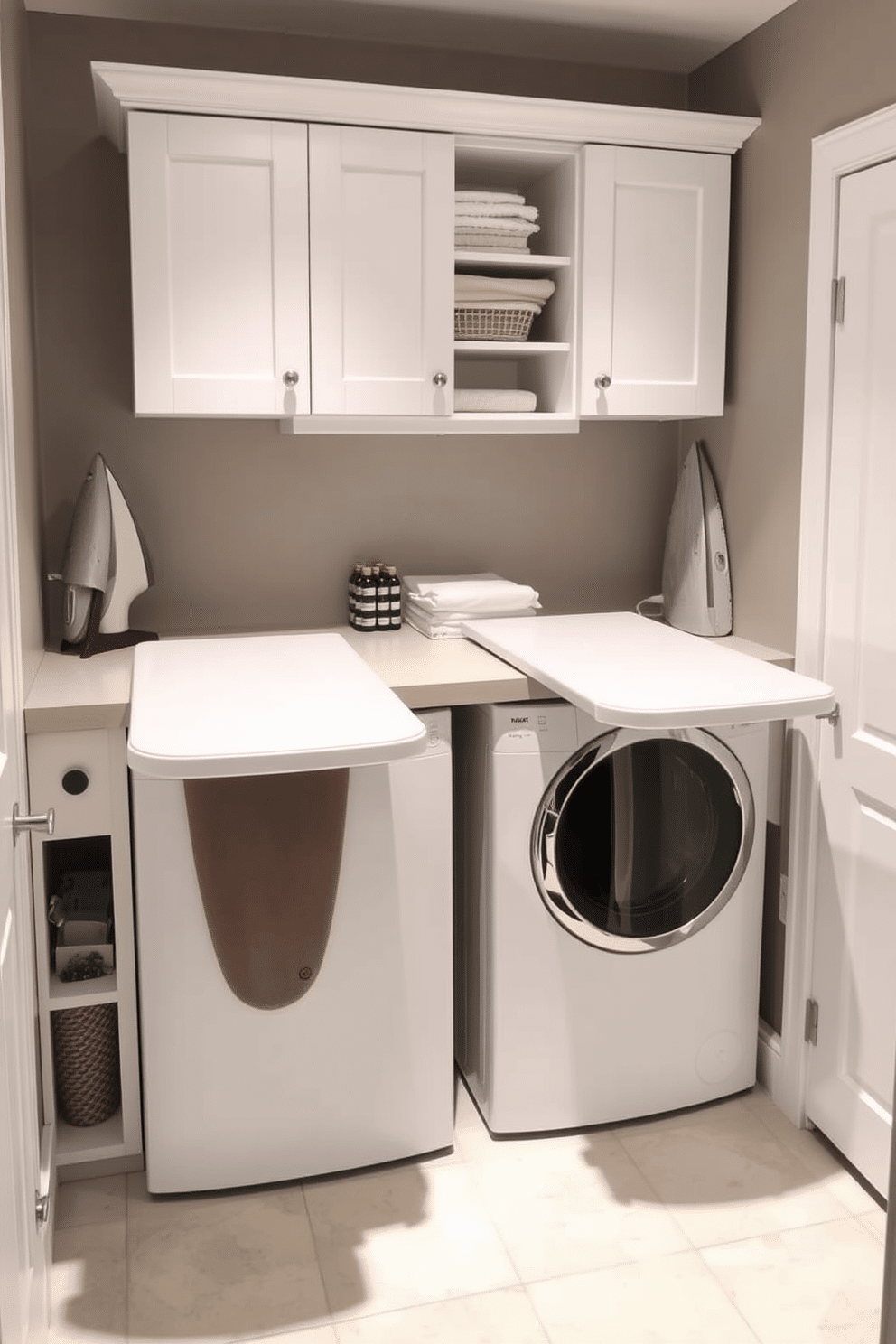 A modern laundry room features sleek cabinetry with built-in ironing boards that fold down seamlessly for convenience. The cabinets are finished in a crisp white, complemented by brushed nickel hardware, creating a clean and functional space. The laundry room is designed with ample storage, including upper cabinets for detergents and supplies, and lower cabinets to conceal laundry baskets. A stylish countertop extends above the washer and dryer, providing a practical area for folding clothes and organizing laundry tasks.