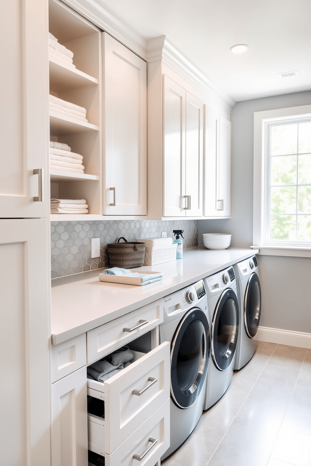 A sleek laundry room featuring soft-close drawers integrated into a minimalist cabinetry design. The cabinets are painted in a crisp white with brushed nickel handles, providing a modern aesthetic and maximizing storage space. Incorporated into the design is a spacious countertop for folding clothes, complemented by a stylish backsplash in a subtle geometric pattern. Natural light floods the room through a large window, enhancing the inviting atmosphere and showcasing neatly organized laundry essentials.