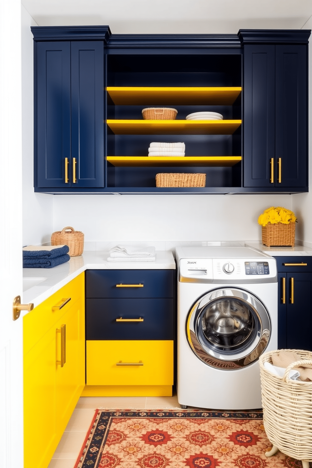 A vibrant laundry room featuring color-blocked cabinetry that combines deep navy blue and bright yellow for a bold statement. The cabinetry is sleek and modern, with brushed gold hardware that adds a touch of elegance. In the center, a spacious countertop provides ample space for folding clothes, complemented by stylish open shelving above for easy access to laundry essentials. The walls are painted in a soft white to enhance the brightness of the space, while a patterned rug adds warmth and texture underfoot.