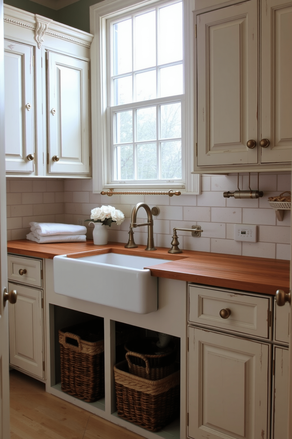 A charming laundry room features vintage-inspired cabinets with intricate woodwork and a distressed finish. The cabinets are painted in soft pastel colors, complemented by brass hardware that adds a touch of elegance. The countertop is crafted from reclaimed wood, providing a warm contrast to the cabinets. A farmhouse sink sits beneath a window, allowing natural light to illuminate the space and showcase decorative storage baskets underneath.