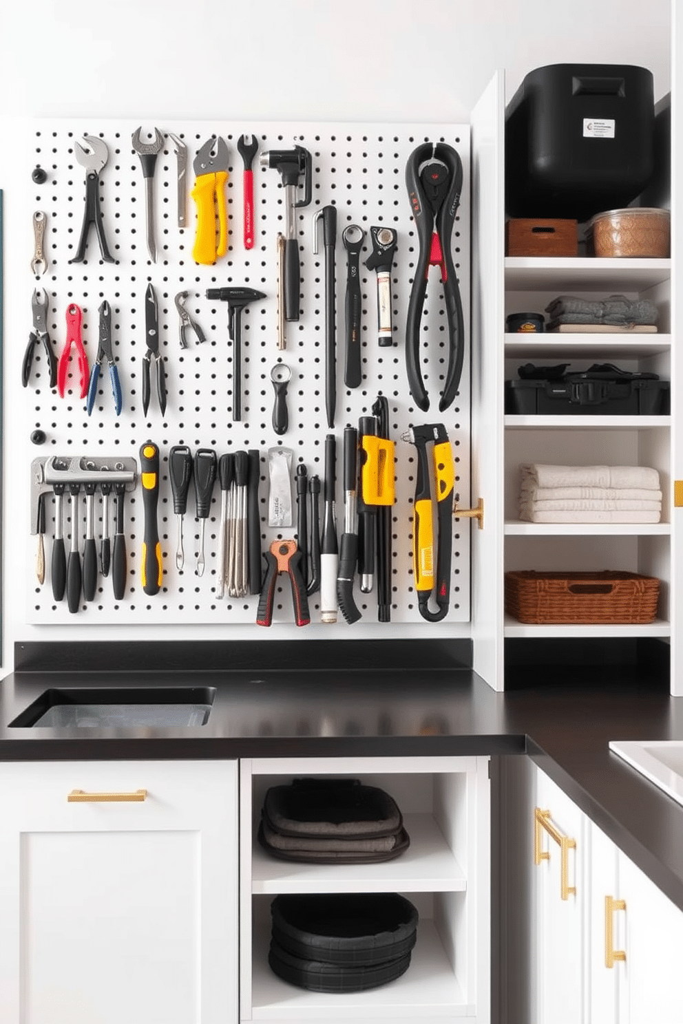 A functional pegboard for tool storage features an organized layout with various hooks and shelves to accommodate tools of different sizes. The pegboard is mounted on a light-colored wall, creating a clean and efficient workspace with a touch of modern design. For the laundry room cabinet design, envision sleek cabinetry with a combination of open and closed storage options. The cabinets are finished in a soft white hue, complemented by brass hardware, and are designed to maximize space while maintaining a stylish appearance.