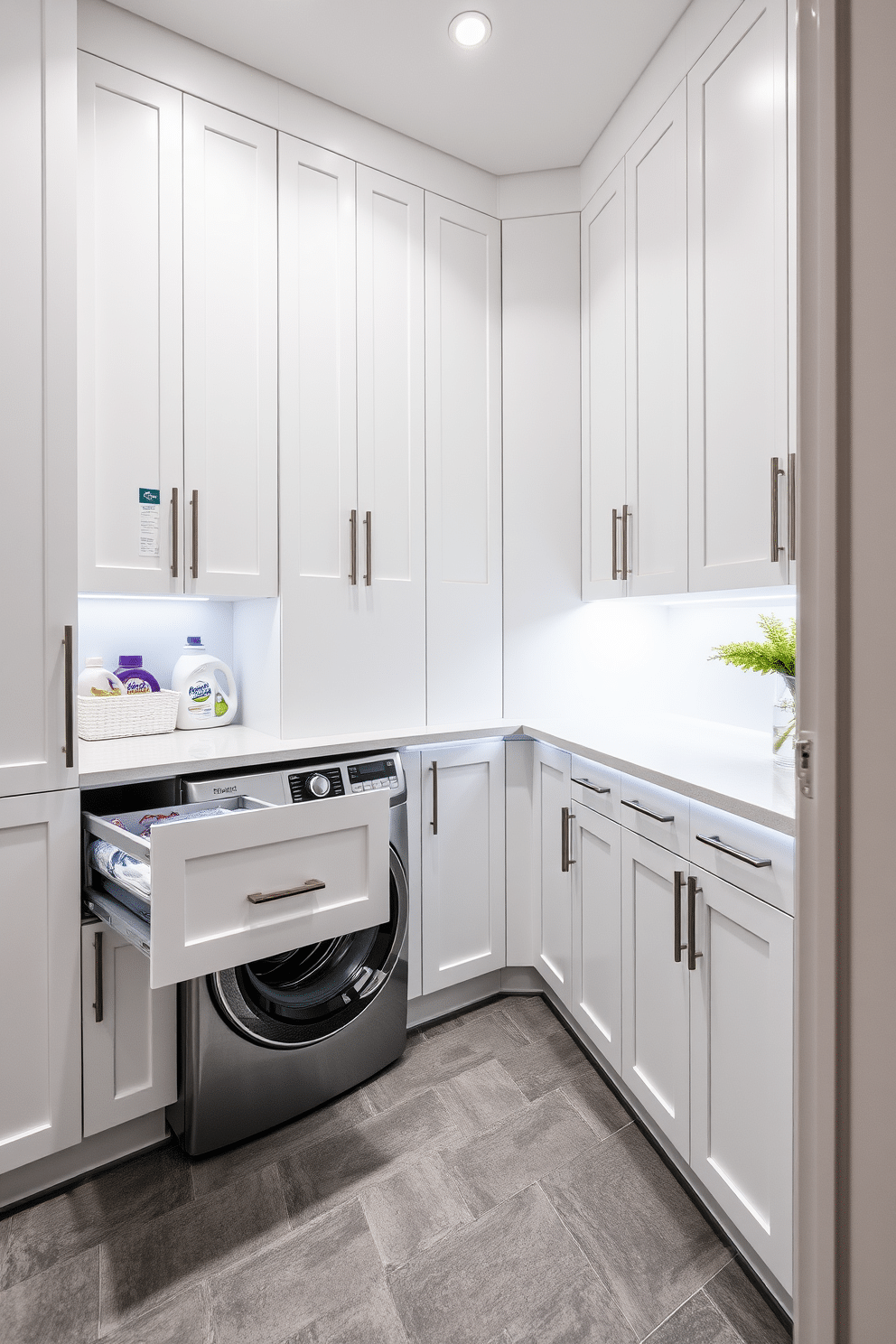 A modern laundry room featuring sleek cabinets with integrated LED lighting that highlights the clean lines and minimalistic design. The cabinets are a soft white finish, providing a bright and airy feel, while the countertop is a durable quartz material perfect for folding laundry. To the left, a spacious cabinet houses laundry essentials, with a stylish pull-out drawer for easy access to detergents and fabric softeners. The floor is adorned with a textured gray tile, complementing the overall aesthetic and ensuring practicality in a high-traffic area.