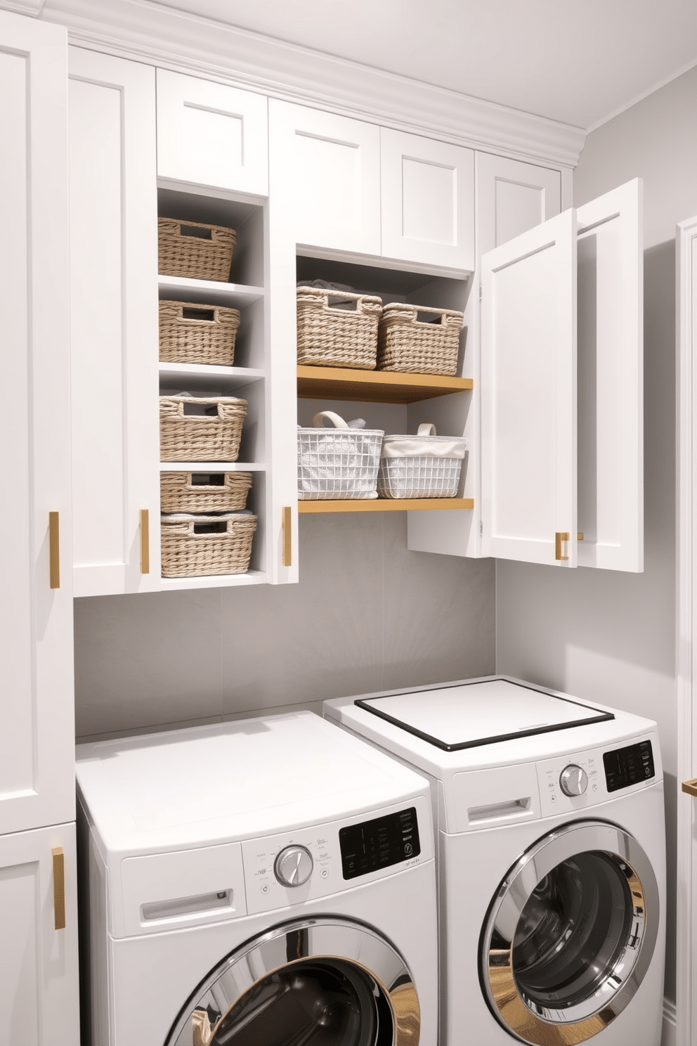 A modern laundry room pantry designed for extra supplies. The cabinetry features sleek white doors with brushed gold handles, providing a clean and organized look. On one side, open shelving displays neatly arranged baskets filled with laundry essentials. A countertop above the washer and dryer offers additional space for folding clothes, complemented by a stylish backsplash in a soft gray tone.