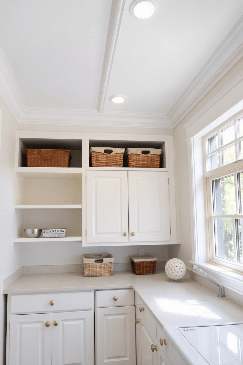 A bright and airy laundry room featuring decorative molding along the ceiling and around the windows, adding an elegant touch to the space. The cabinetry is designed with a classic white finish, complemented by sleek gold hardware, providing both style and functionality. Incorporating open shelving above the cabinets allows for decorative storage of laundry essentials and decorative baskets. The walls are painted in a soft pastel hue, enhancing the room's brightness and creating a cheerful atmosphere.