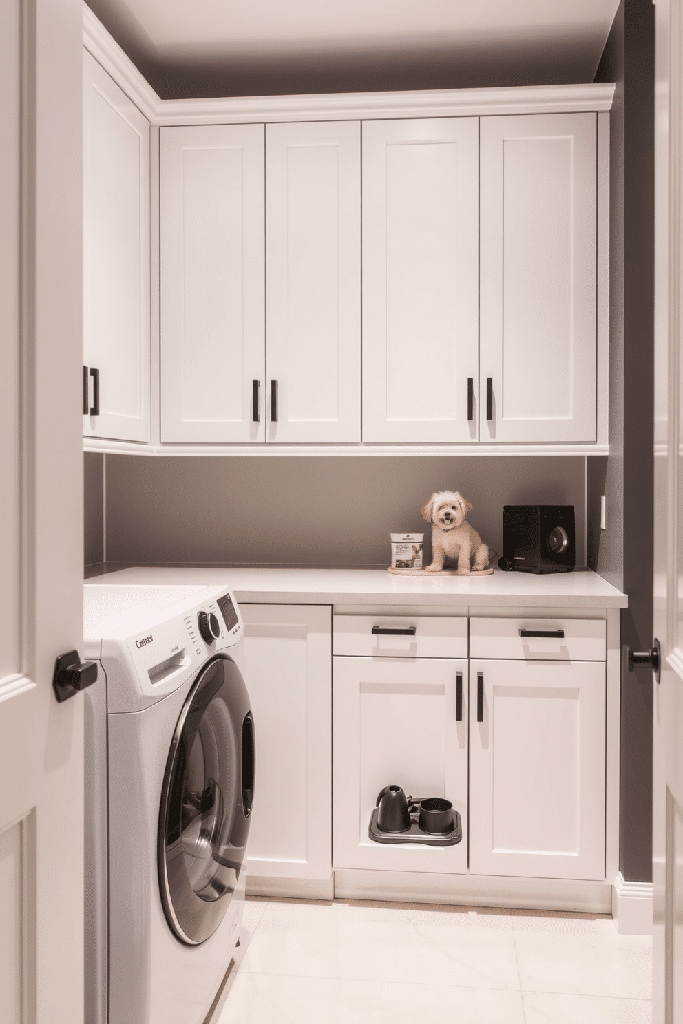 A sleek laundry room features a hidden pet station seamlessly integrated within custom cabinetry. The cabinetry is finished in a soft white, with matte black hardware that adds a modern touch, while the pet station includes a built-in feeding area and storage for pet supplies.