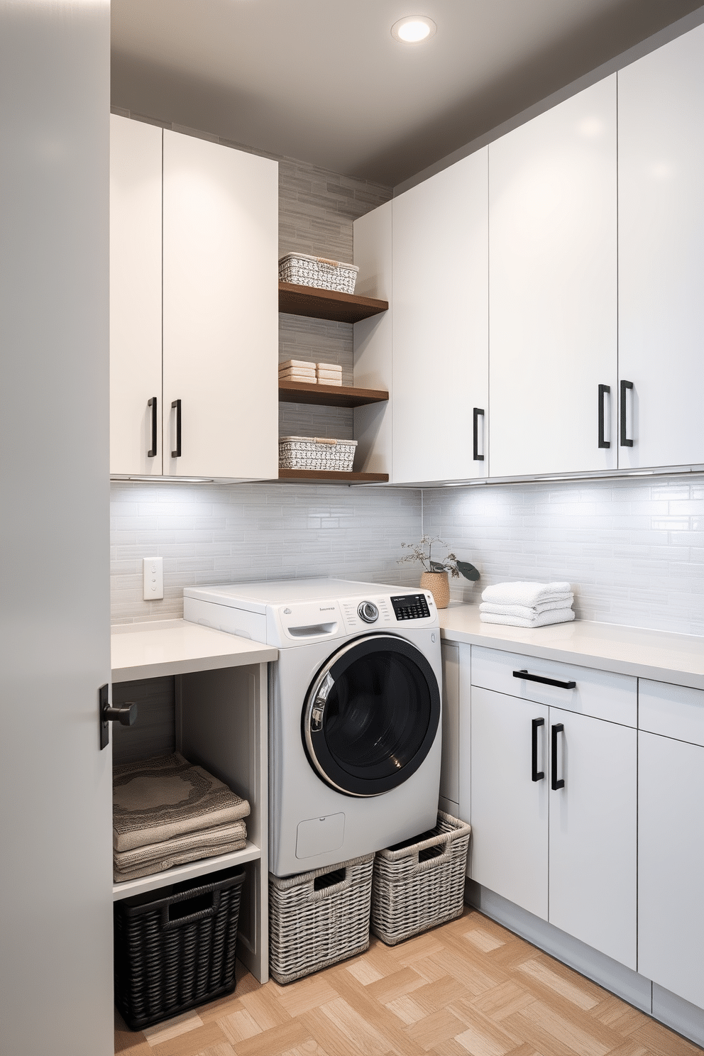 A modern laundry room featuring sleek floating cabinets that create an airy and uncluttered look. The cabinets are finished in a glossy white, complemented by minimalist black hardware, enhancing the contemporary aesthetic. The space includes a spacious countertop for folding clothes, with stylish baskets neatly arranged underneath. Soft, ambient lighting illuminates the room, highlighting the subtle textures of the wall tiles in a calming light gray.