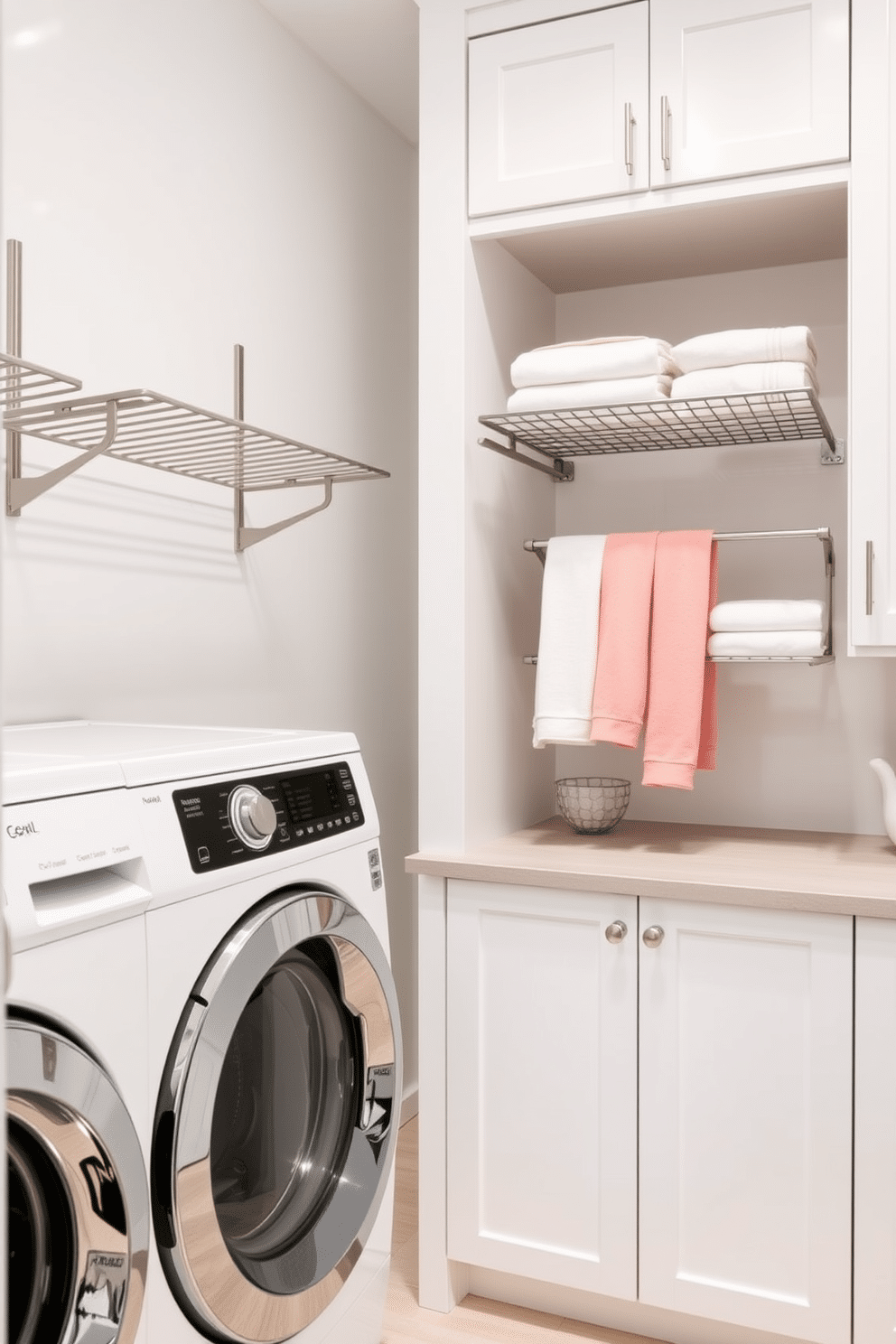 A functional laundry room features wall-mounted drying racks that optimize space and enhance efficiency. The racks are crafted from sleek metal, allowing for easy access and a modern aesthetic. Incorporating cabinetry in the laundry room provides ample storage while maintaining a clean look. The cabinets are designed with a glossy finish in a soft white hue, complemented by minimalist hardware for a contemporary touch.