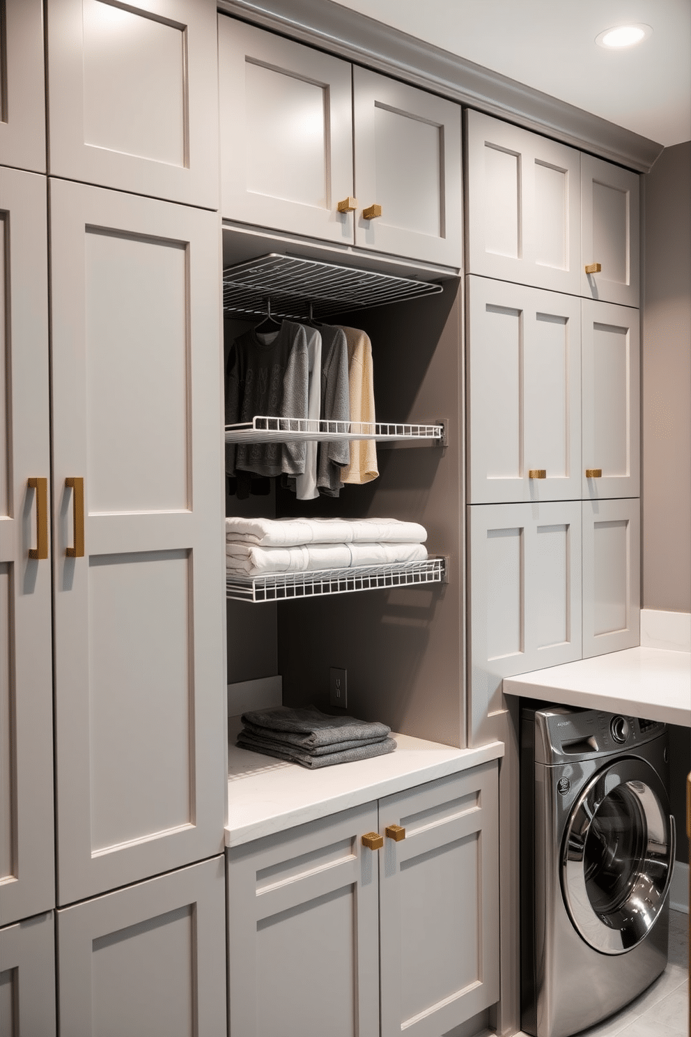 A modern laundry room features built-in drying racks seamlessly integrated into the cabinetry, providing easy access and maximizing space efficiency. The cabinets are designed with a sleek finish in a soft gray tone, complemented by brass hardware for a touch of elegance. The layout includes a spacious countertop for folding clothes, with ample storage beneath for laundry essentials. Soft, ambient lighting illuminates the area, creating a warm and inviting atmosphere perfect for household chores.