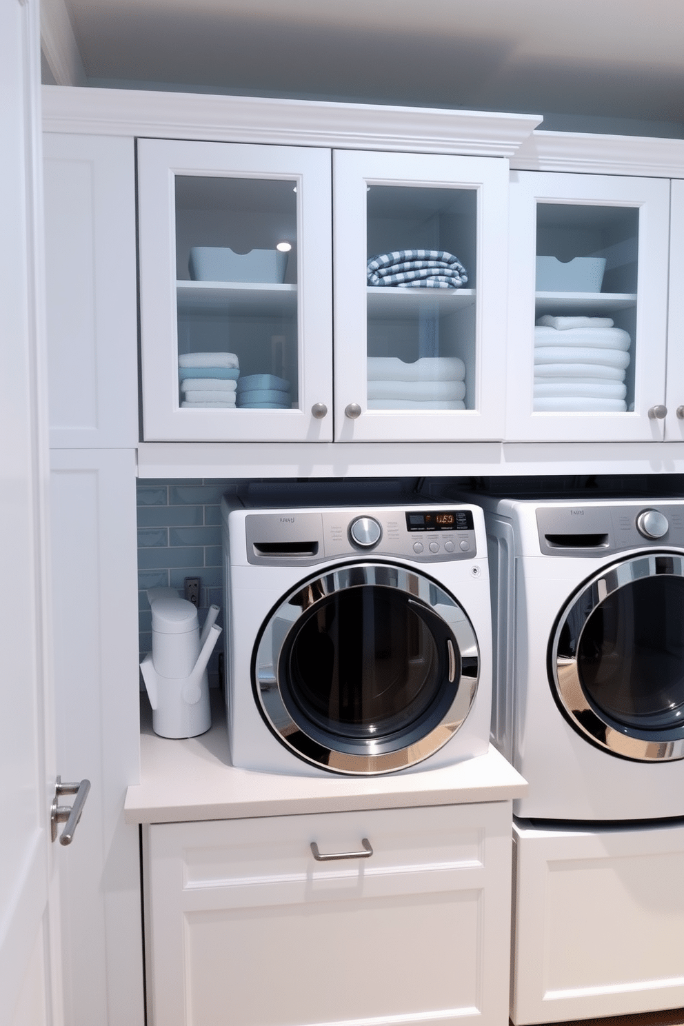 A functional laundry room features glass-front cabinets that elegantly showcase neatly organized essentials. The cabinets are crafted from white wood with brushed nickel handles, enhancing the room's bright and airy feel. The countertop is a sleek quartz surface, providing ample space for folding clothes and sorting laundry. A stylish backsplash made of subtle blue tiles adds a refreshing pop of color, complementing the overall design.