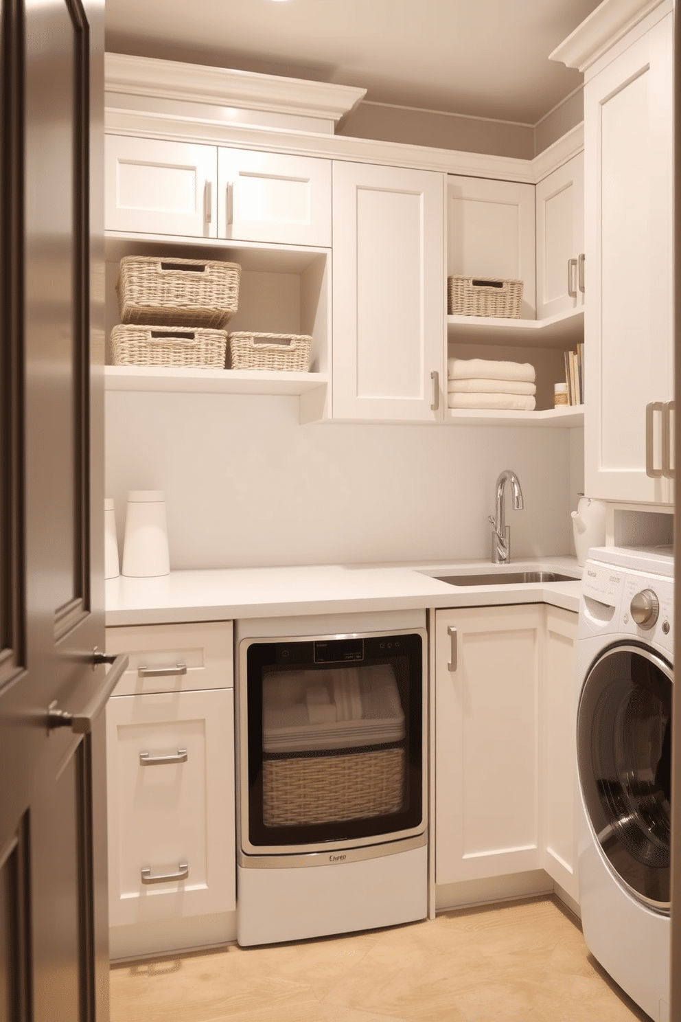 A functional laundry room featuring sleek utility cabinets designed for maximum storage efficiency. The cabinets are finished in a soft white, complemented by brushed nickel hardware, and are organized with pull-out shelves and baskets for easy access to supplies.