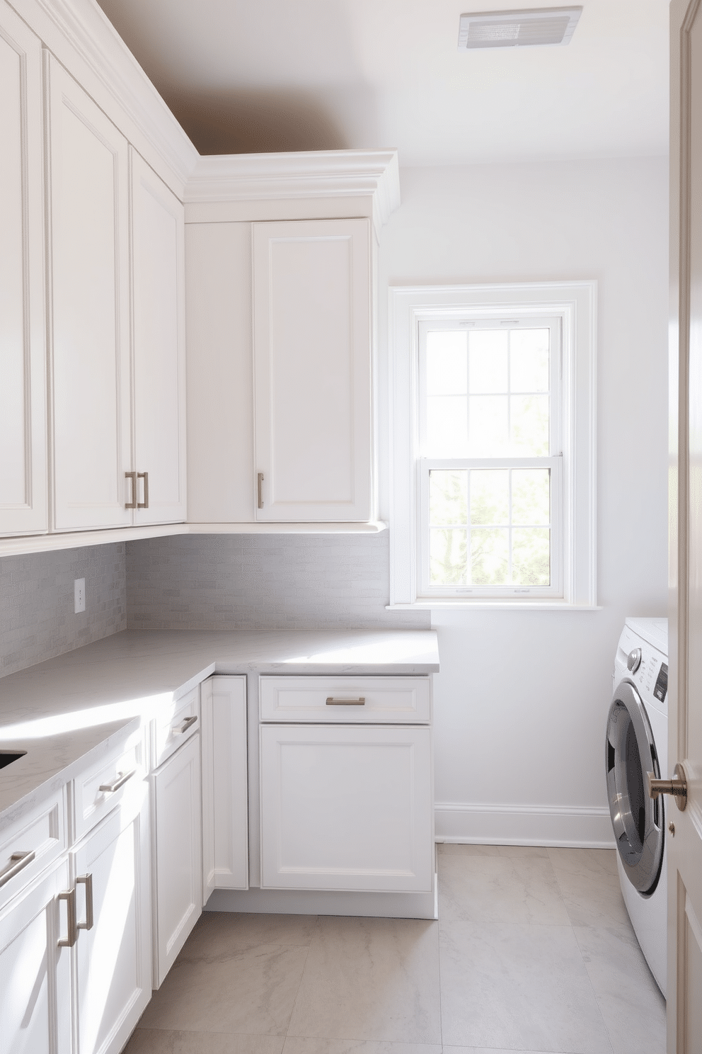 Classic white cabinets for timeless appeal. The cabinets are paired with a sleek quartz countertop and feature brushed nickel hardware for a modern touch. The laundry room is illuminated by natural light streaming in through a large window. A stylish backsplash in a soft gray adds texture and complements the overall aesthetic.