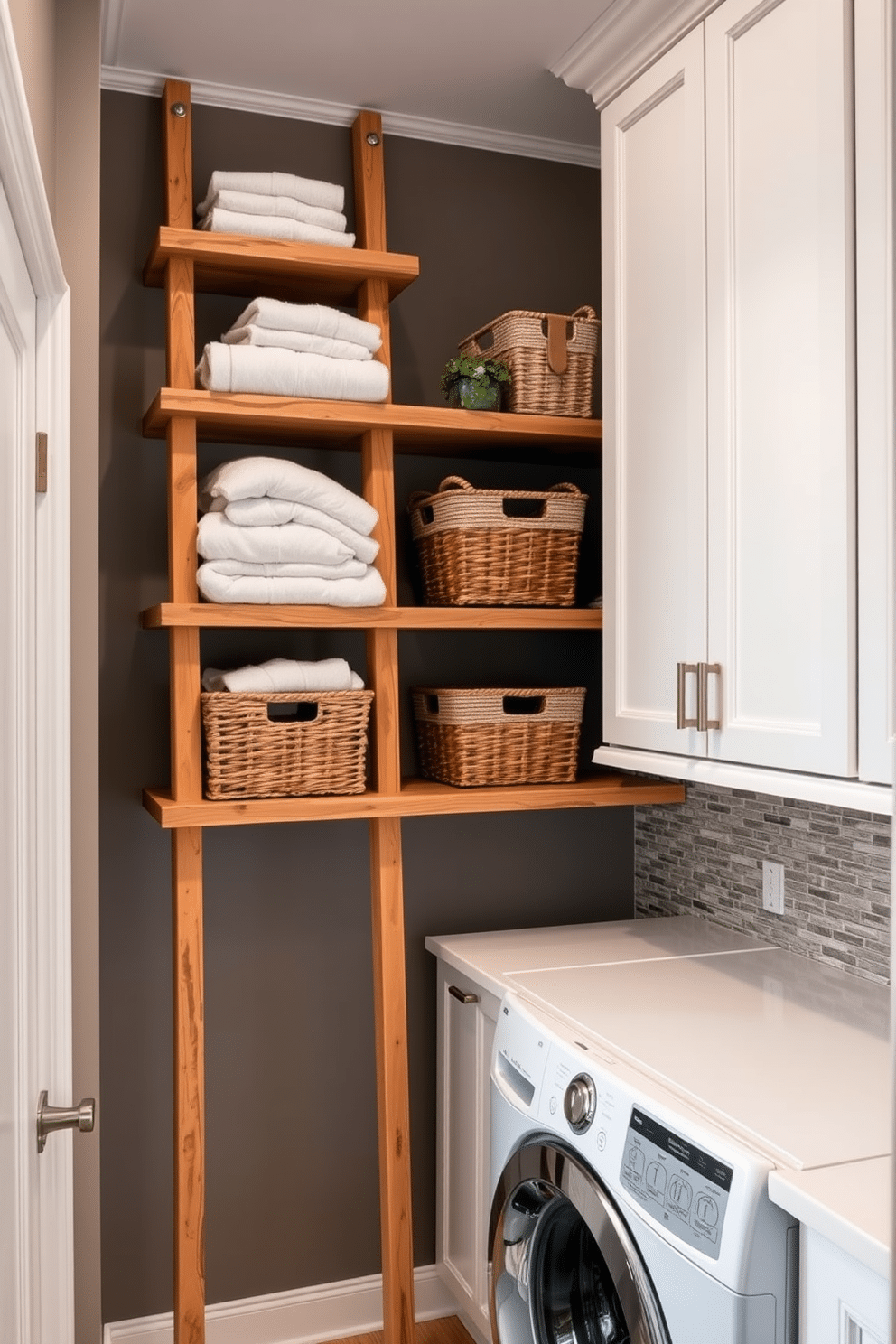 A stylish laundry room featuring ladder shelves for vertical storage, crafted from reclaimed wood with a natural finish. The shelves are adorned with neatly folded towels and decorative storage baskets, creating an organized and inviting space. Incorporating a sleek cabinet design with a modern touch, the cabinets have a glossy white finish and minimalist handles. The cabinetry is complemented by a subtle backsplash of textured tiles, enhancing the overall aesthetic of the laundry room.