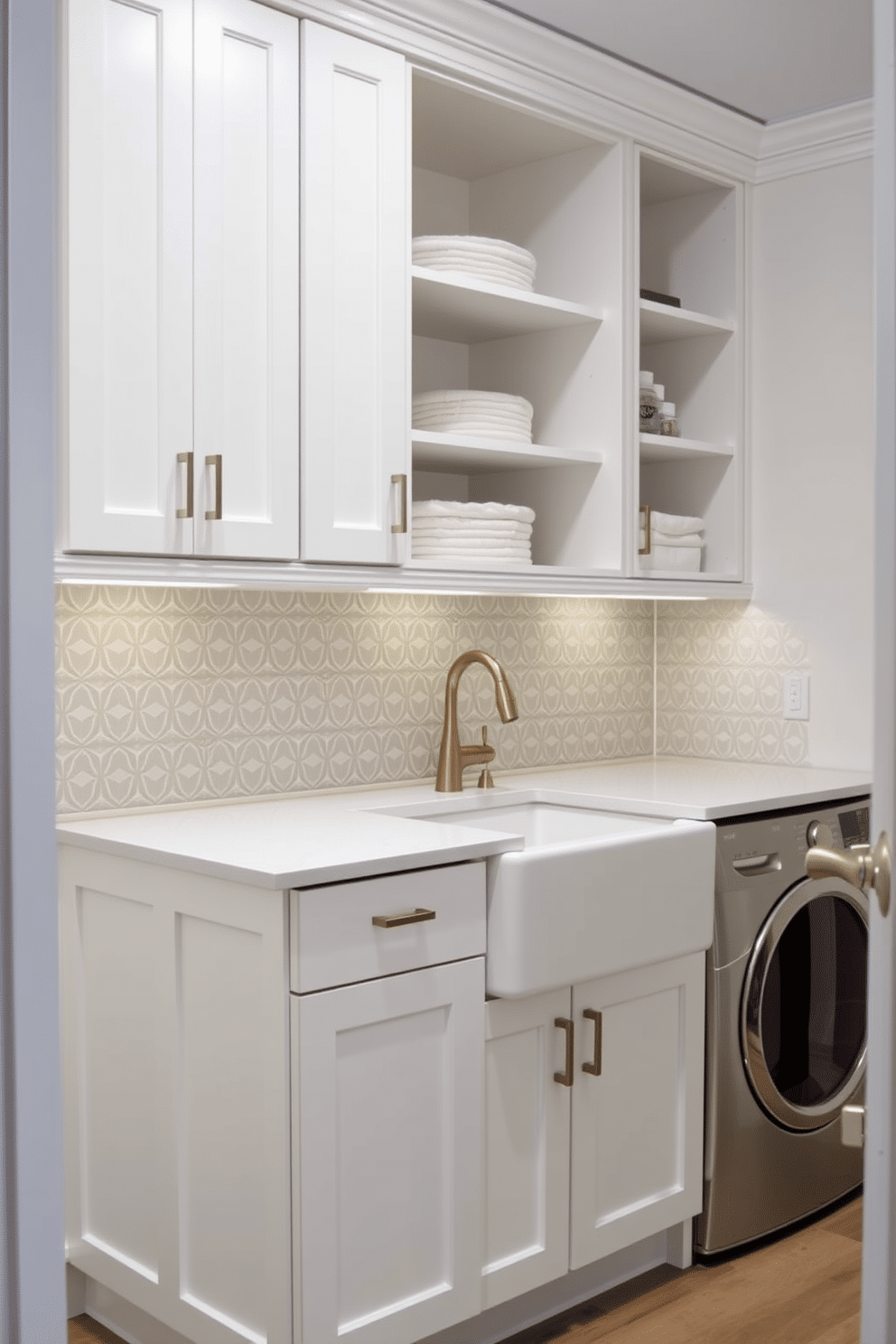 A stylish laundry room featuring custom cabinetry designed to maximize space efficiency. The cabinets are finished in a soft white with brushed nickel handles, providing a clean and modern look. The layout includes a combination of upper and lower cabinets, with open shelving for easy access to frequently used items. A farmhouse sink is integrated into the cabinetry, complemented by a chic backsplash in a subtle geometric pattern.