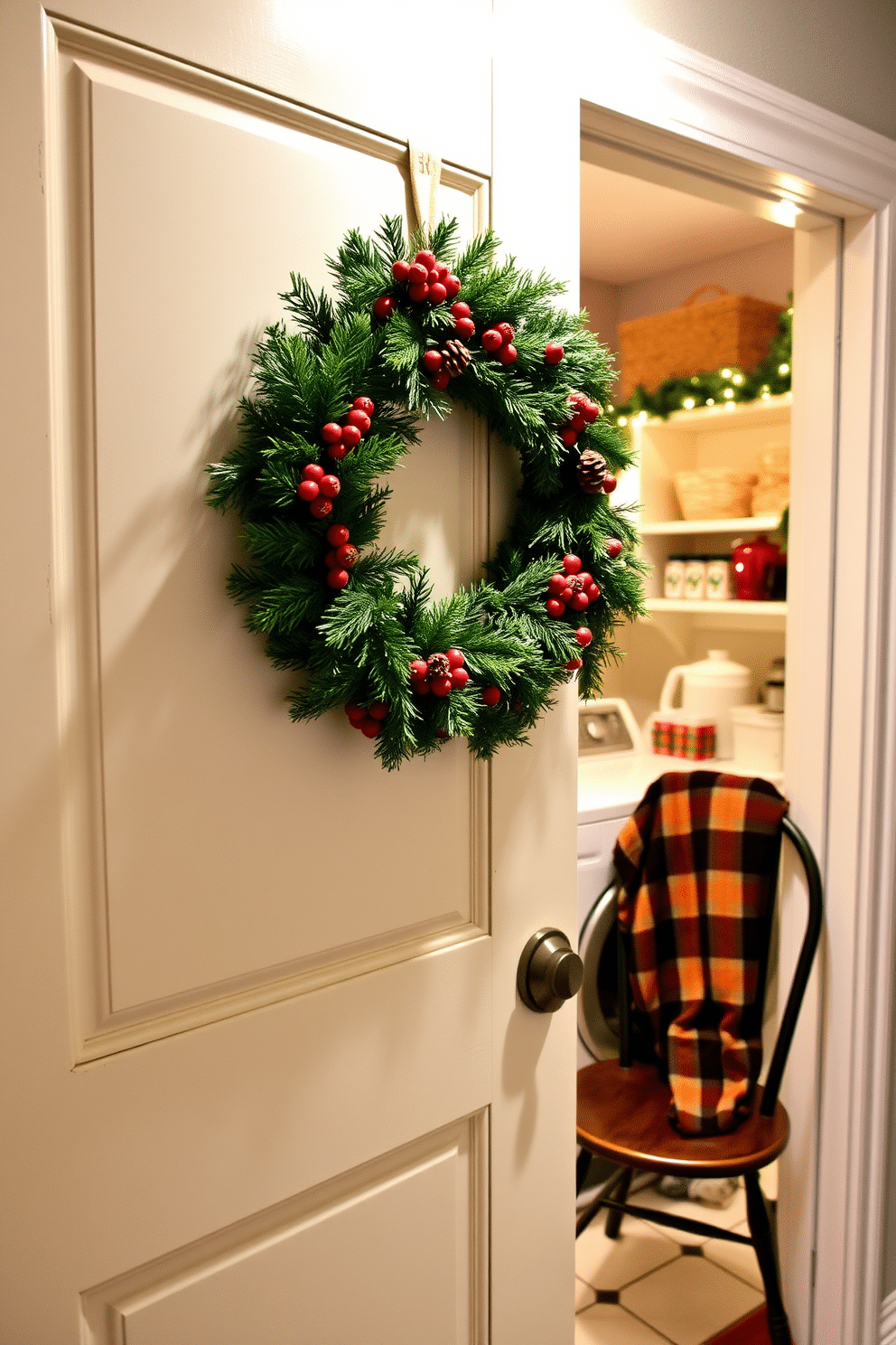 A festive wreath adorned with red berries and pinecones hangs on the laundry door, welcoming guests with a touch of holiday cheer. Inside, the laundry room is decorated with string lights draped along the shelves, and a cozy plaid throw is placed on a nearby chair for added warmth.