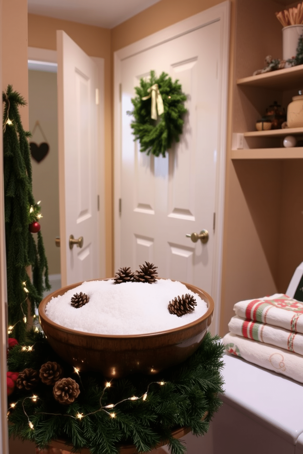 A cozy laundry room adorned for Christmas features a decorative bowl filled with faux snow, creating a winter wonderland effect. Surrounding the bowl are festive accents like miniature pinecones and twinkling fairy lights, enhancing the holiday spirit. The laundry room is painted in a soft, warm color that complements the seasonal decor. A wreath made of evergreen branches hangs on the door, while a neatly folded stack of holiday-themed towels adds a touch of cheer to the space.