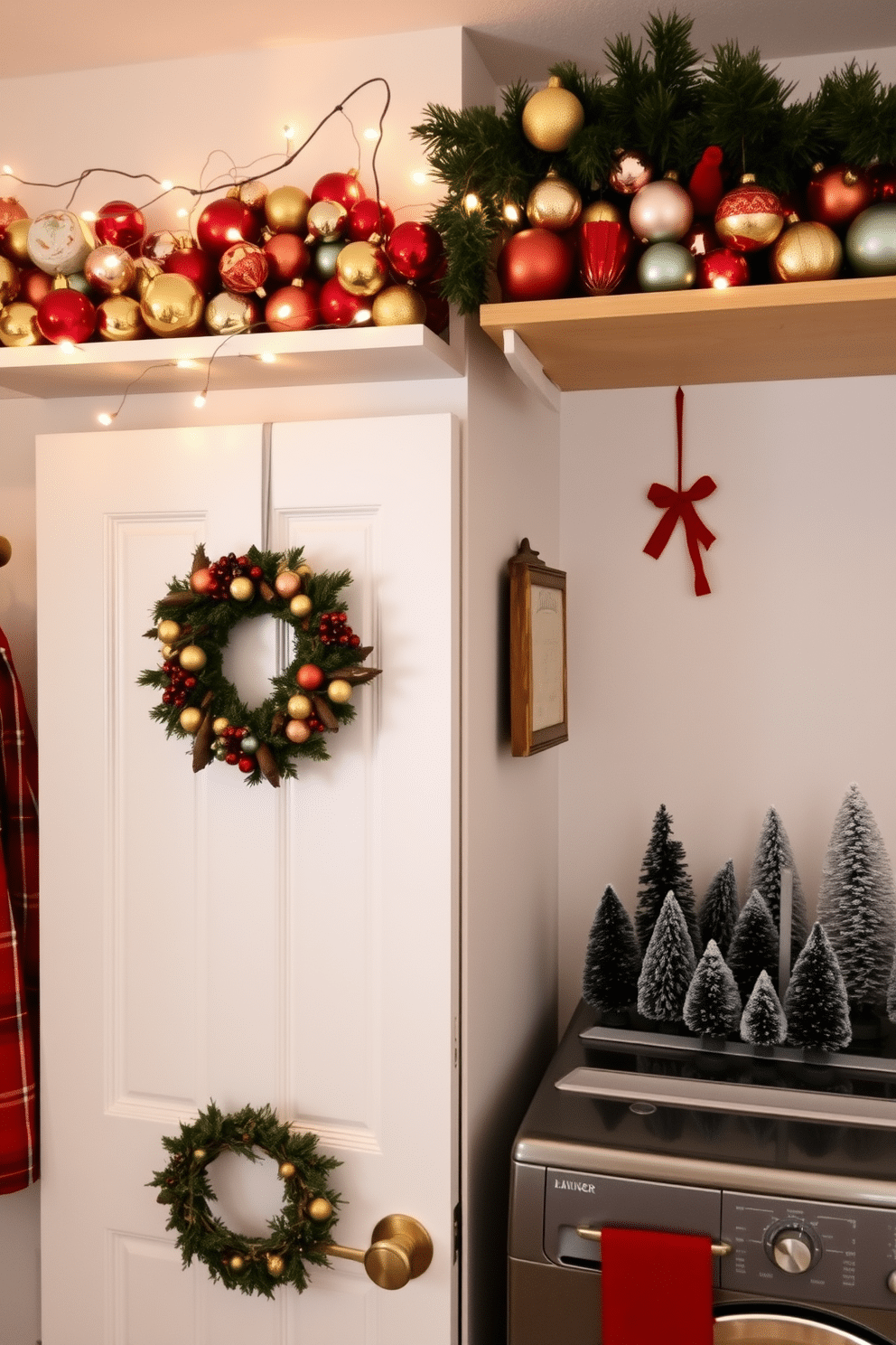 Vintage ornaments hanging from shelves create a nostalgic atmosphere, evoking memories of holiday seasons past. The shelves are adorned with an array of colorful glass baubles, each reflecting the warm glow of string lights draped above. In the laundry room, Christmas decorations add a festive touch to an often-overlooked space. A charming wreath made of pinecones and red berries hangs on the door, while a collection of small, decorative trees sits atop the washer and dryer, bringing cheer to the everyday routine.