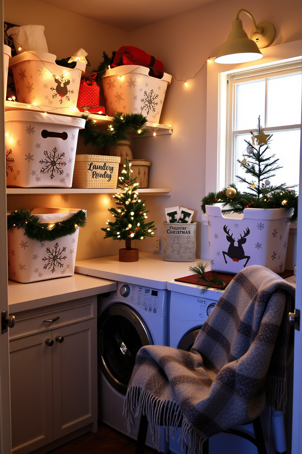 A festive laundry room adorned with holiday-themed laundry baskets, each featuring cheerful patterns of snowflakes and reindeer. The space is illuminated by soft string lights draped along the shelves, creating a warm and inviting atmosphere. In the corner, a small, decorated Christmas tree adds a touch of whimsy, while a garland of pine and berries wraps around the countertop. A cozy throw blanket is neatly folded on a nearby chair, enhancing the seasonal charm of this functional space.