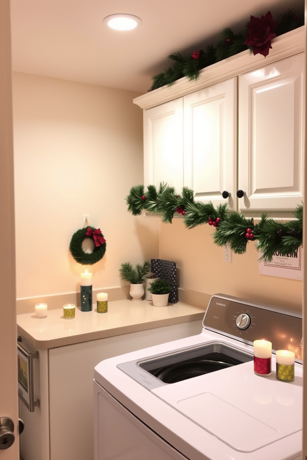 A cozy laundry room adorned with festive decorations. Surfaces are decorated with candles in colorful holiday holders, casting a warm glow throughout the space. The walls are painted in a soft cream color, creating a bright and inviting atmosphere. A cheerful garland drapes across the top of the cabinets, enhancing the festive spirit.