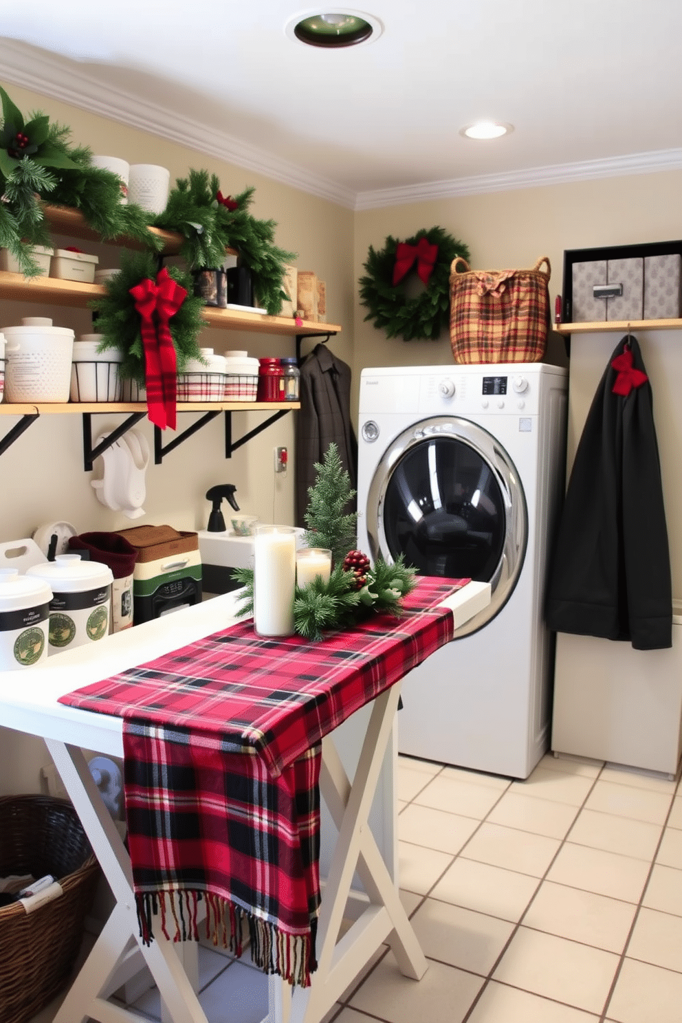 A cozy laundry room adorned for the holidays. A folding table is dressed with a plaid table runner, creating a festive centerpiece surrounded by neatly organized laundry supplies and seasonal decorations.