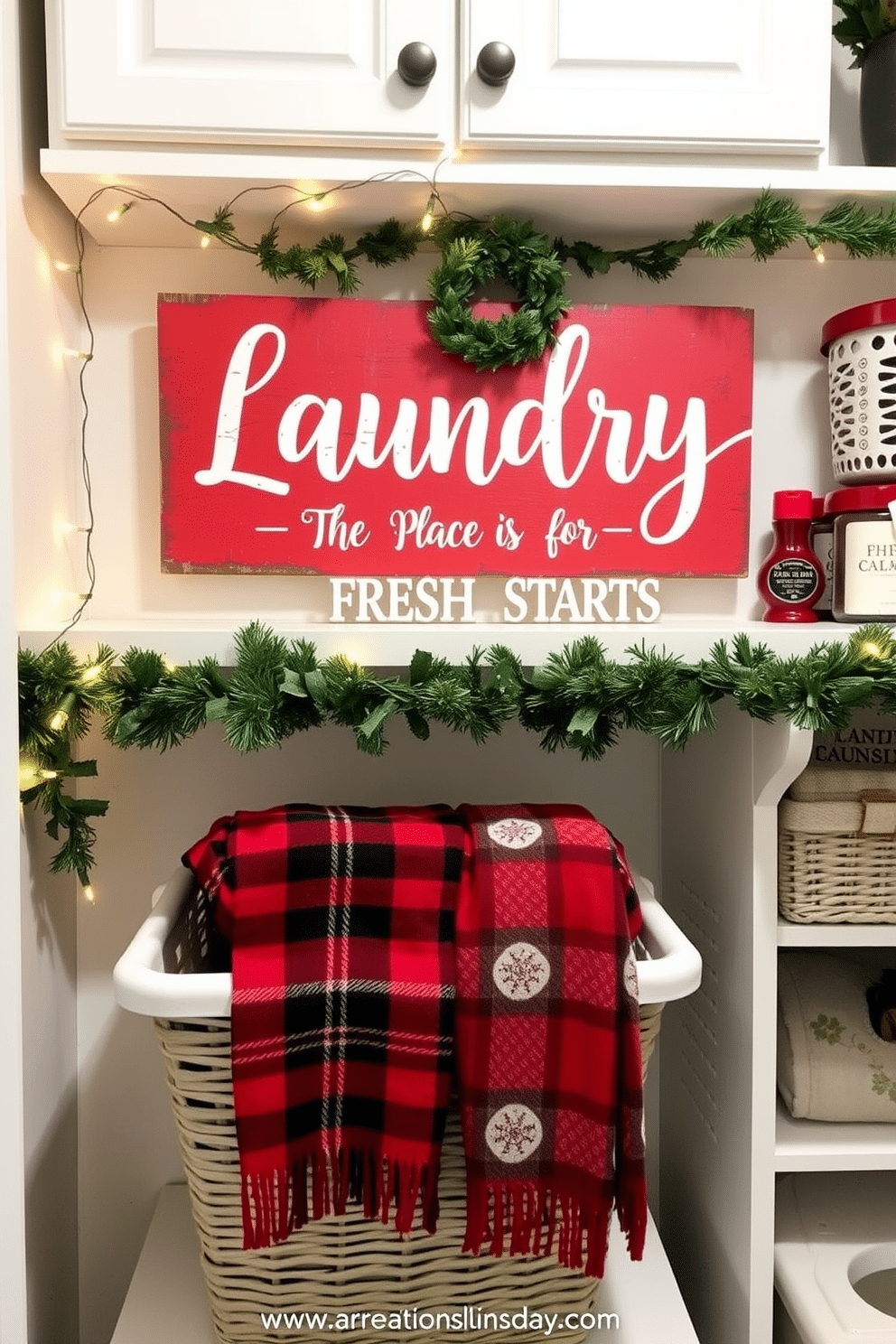 A charming DIY Christmas laundry room sign features a rustic wooden board painted in festive red, adorned with white lettering that reads 