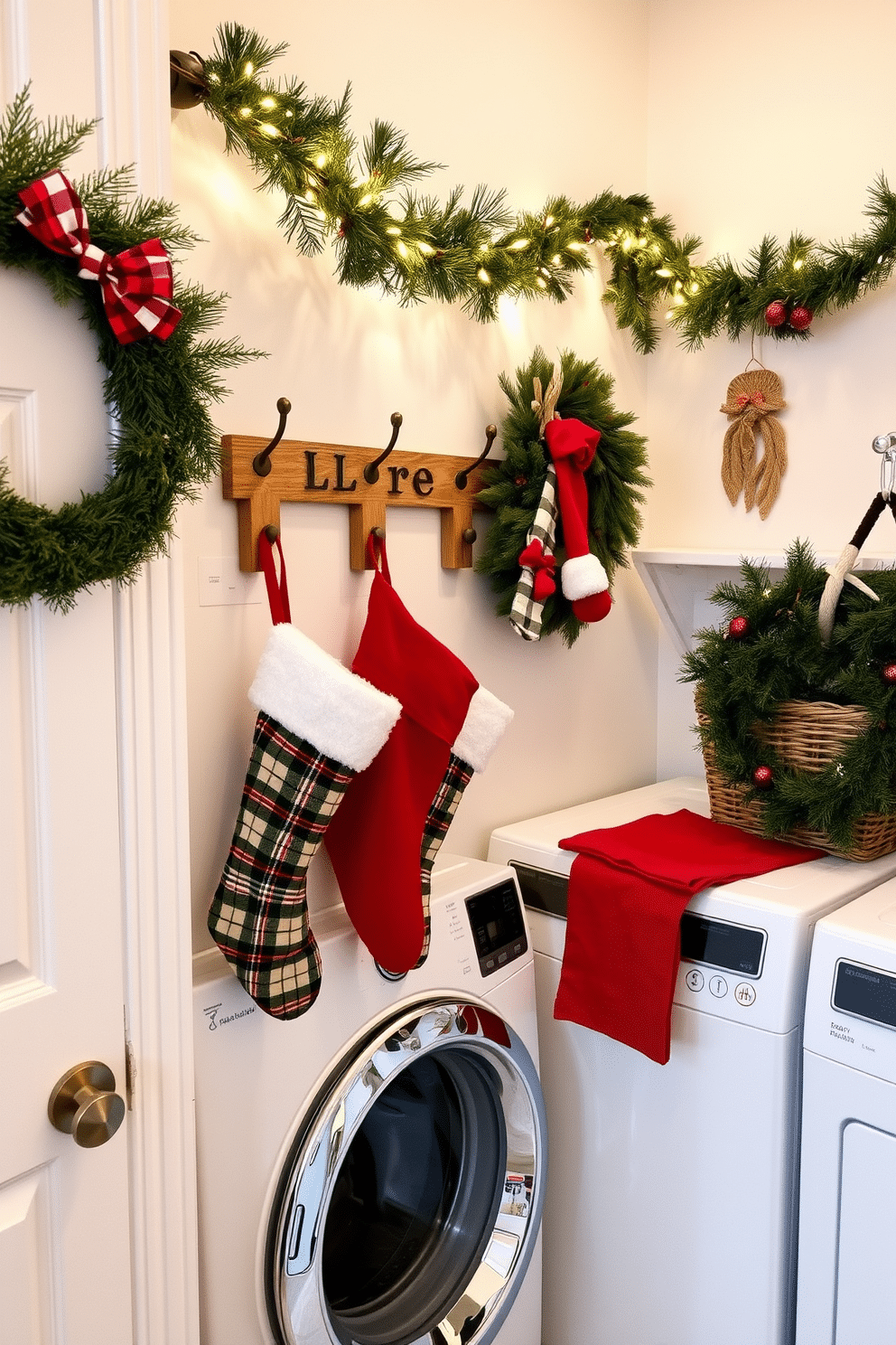 A cheerful laundry room adorned for the holidays, featuring colorful stockings hung on rustic wooden hooks. The walls are painted a soft white, and festive decorations like garlands and twinkling lights add a warm glow to the space.