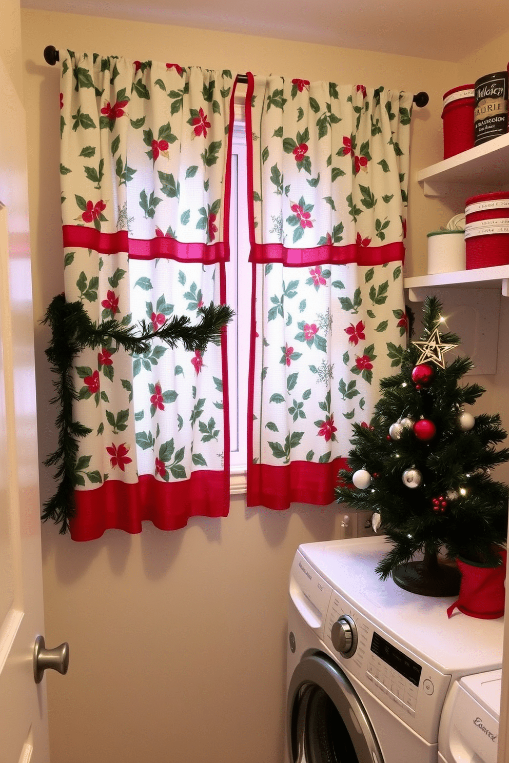 A cozy laundry room adorned with Christmas-themed fabric curtains featuring festive patterns of holly and snowflakes. The curtains are complemented by a cheerful red and green color scheme, creating a warm and inviting atmosphere. Decorative elements include a garland of pine and berries draped along the shelving, adding a touch of holiday spirit. A small, whimsical Christmas tree stands in the corner, adorned with miniature ornaments and twinkling lights.