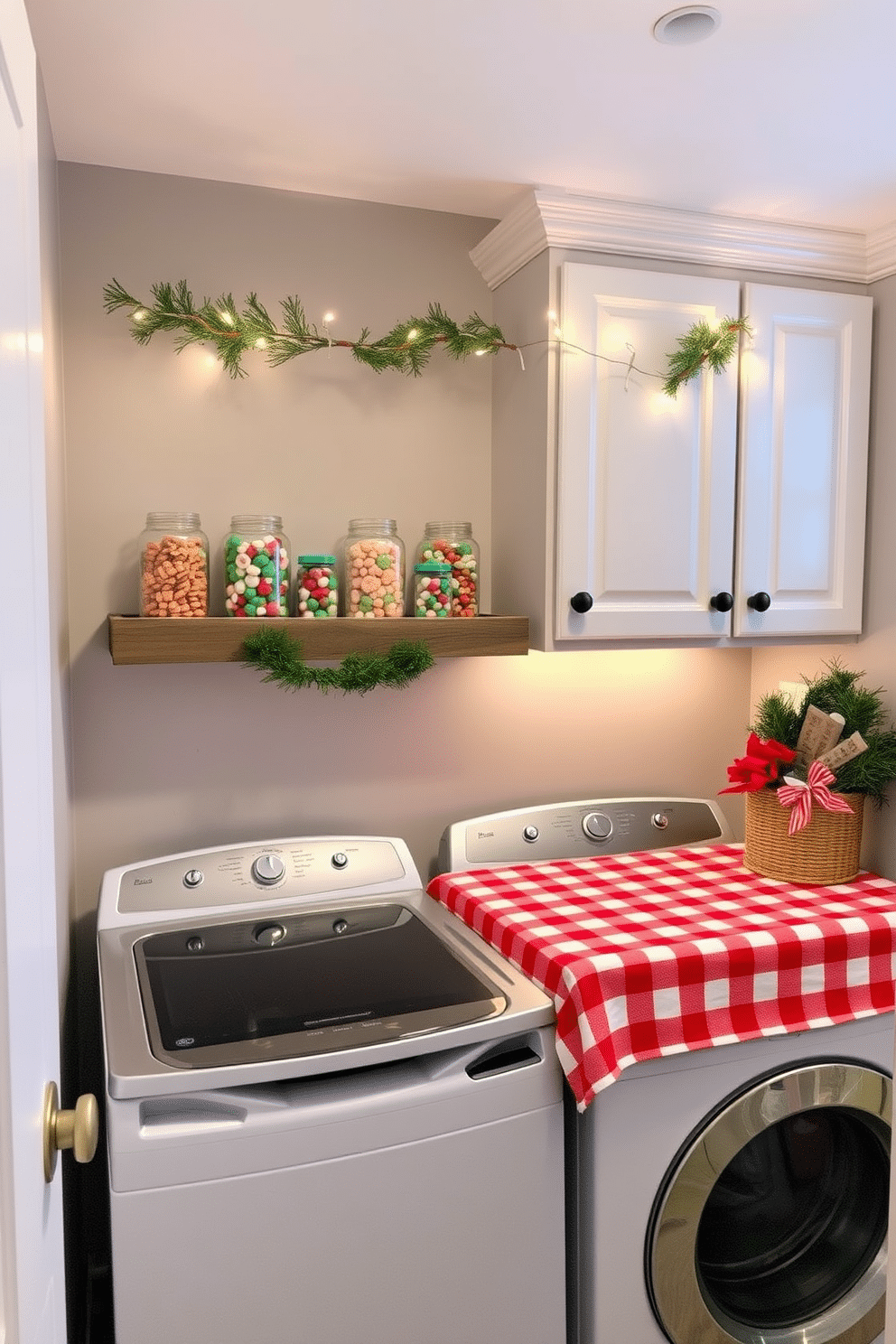 A cozy laundry room adorned for the holidays. Decorative jars filled with colorful holiday treats are displayed on a rustic wooden shelf, adding a festive touch to the space. The walls are painted a soft gray, complemented by white cabinetry that provides ample storage. A cheerful red and white checkered tablecloth covers the folding station, while twinkling fairy lights are strung along the upper cabinets for a warm ambiance.