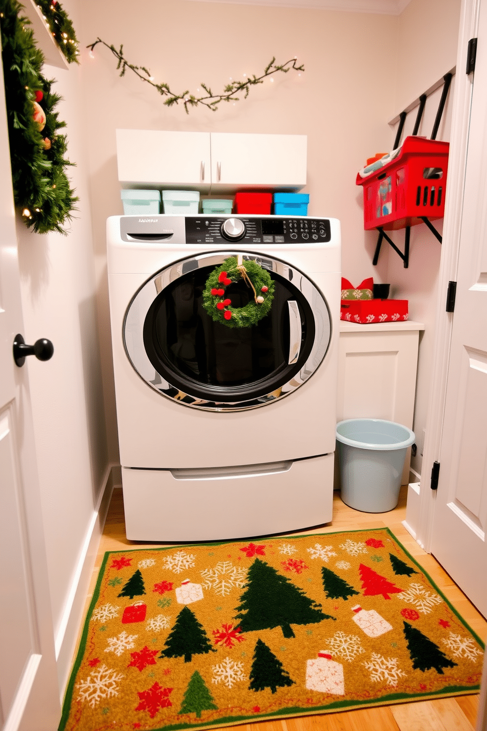 A cozy laundry room adorned with a festive rug featuring a vibrant holiday pattern, adding a cheerful touch to the space. The walls are painted in a soft white, while decorative elements like garlands and twinkling lights enhance the Christmas spirit. A charming laundry room mat placed in front of the washer and dryer, showcasing a whimsical design of snowflakes and Christmas trees. Complementing the decor are colorful storage bins and a small holiday-themed wreath hanging on the door.