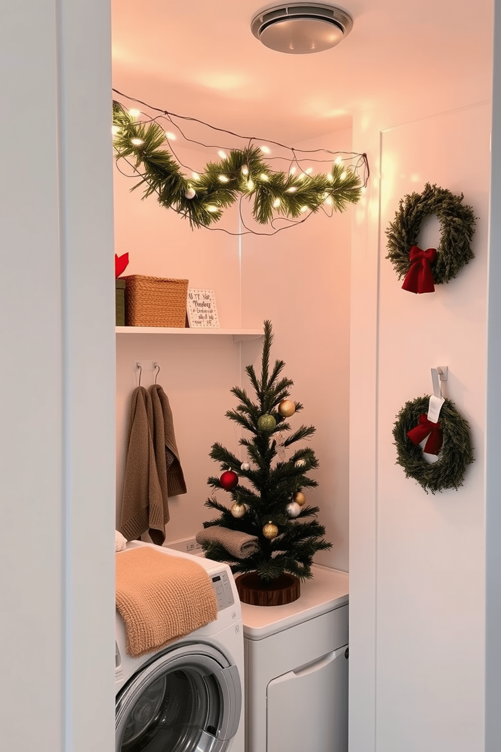 A cozy laundry room adorned with festive decorations. String lights are elegantly draped above the washer and dryer, casting a warm glow over the space. The walls are painted in a soft white, creating a bright and cheerful atmosphere. A small Christmas tree sits in the corner, decorated with ornaments and surrounded by neatly folded towels.