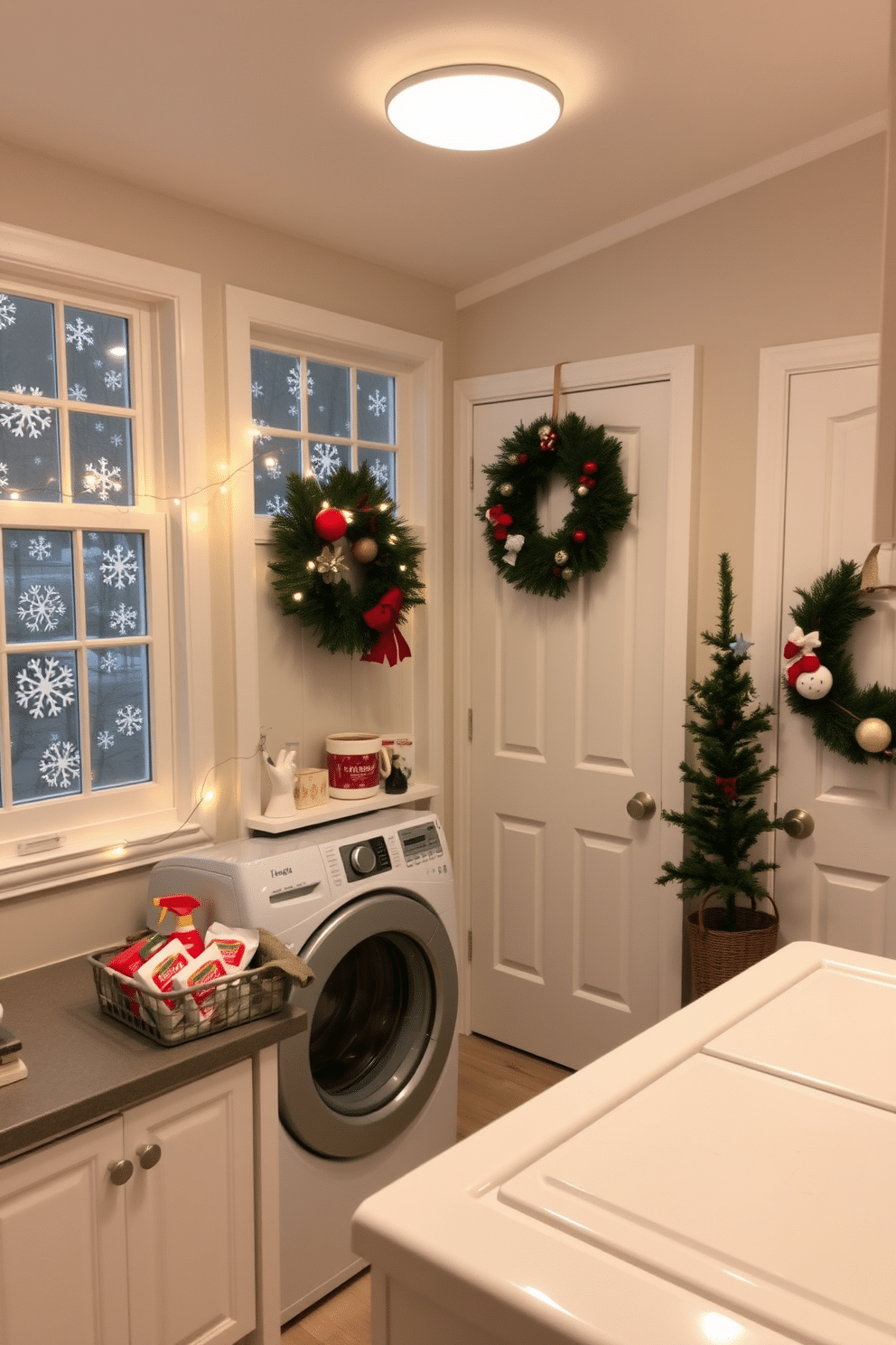 A cozy laundry room adorned with snowflake decals on the windows, creating a festive atmosphere. The room features a spacious countertop for folding clothes, with a stylish basket filled with colorful holiday-themed laundry supplies nearby. Christmas decorations bring warmth to the space, with string lights draped across the shelves and a small evergreen tree in the corner. A cheerful holiday wreath hangs on the door, adding a touch of seasonal charm to the laundry room.