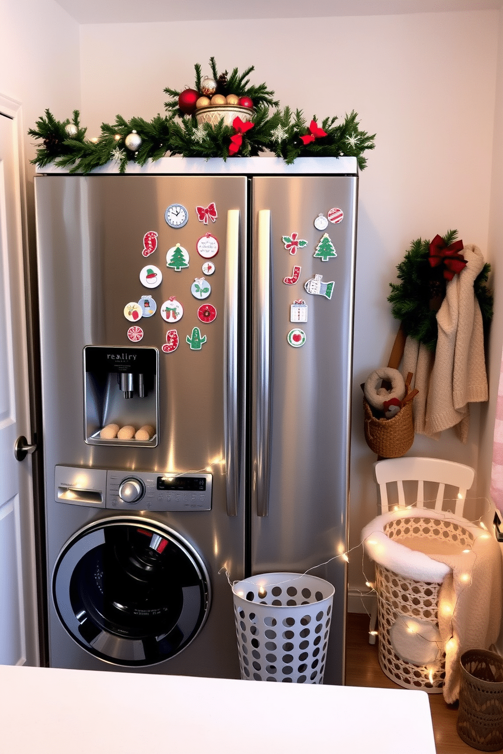 A cheerful laundry room adorned with holiday-themed magnets on a stainless steel fridge. The walls are painted a soft white, and a festive garland hangs across the top of the fridge, adding a touch of Christmas spirit. The countertops are clutter-free, showcasing a small decorative bowl filled with ornaments and a cozy throw draped over a nearby chair. A string of warm white lights is wrapped around the laundry baskets, creating a warm and inviting atmosphere.