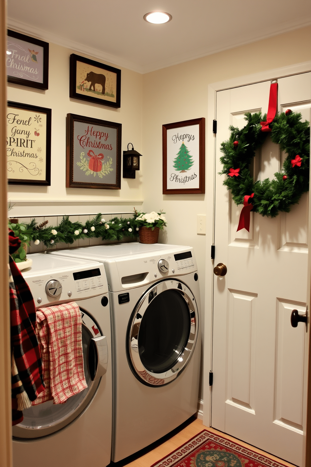 A cozy laundry room adorned with seasonal artwork framed on the walls, featuring festive designs that celebrate the spirit of Christmas. The space is enhanced by cheerful decorations, including garlands draped over the cabinets and a whimsical wreath hanging on the door.