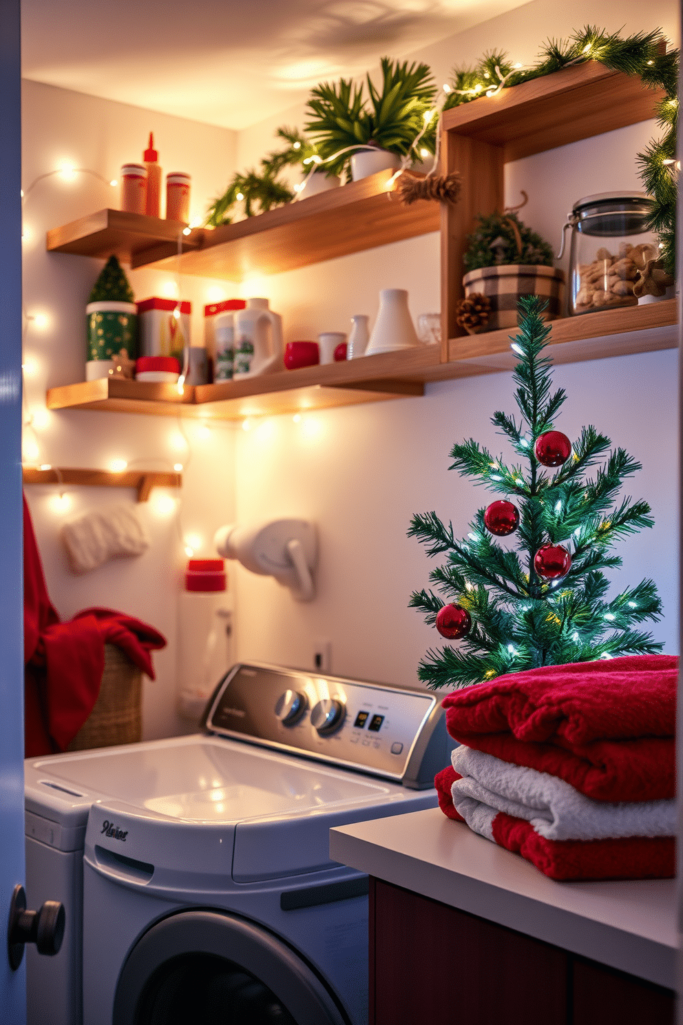 A cozy laundry room adorned with Christmas lights wrapped around open wooden shelves, creating a warm and festive atmosphere. The shelves are filled with neatly organized laundry supplies and seasonal decorations, adding a touch of holiday cheer to the space. In the corner, a small potted evergreen tree is decorated with twinkling fairy lights, enhancing the festive vibe. Soft, plush towels in red and white hues are neatly folded on a nearby countertop, complementing the overall Christmas theme.