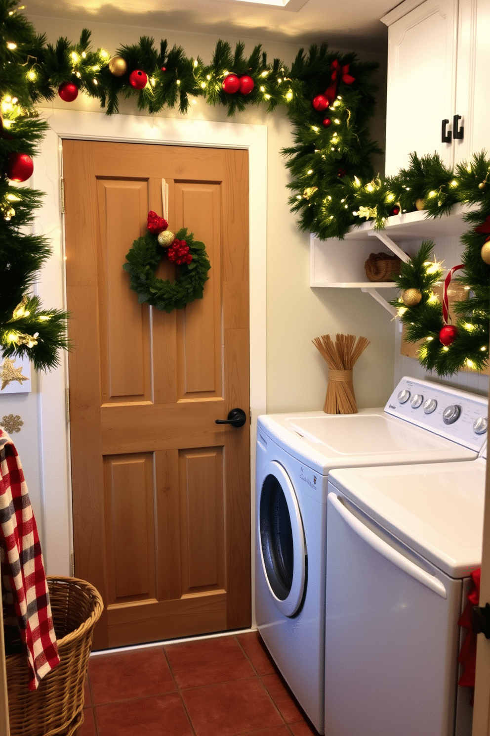 A charming laundry room adorned for the holidays features a rustic wooden door decorated with vibrant jingle bells. The space is brightened with festive garlands and twinkling fairy lights, creating a cozy and inviting atmosphere.